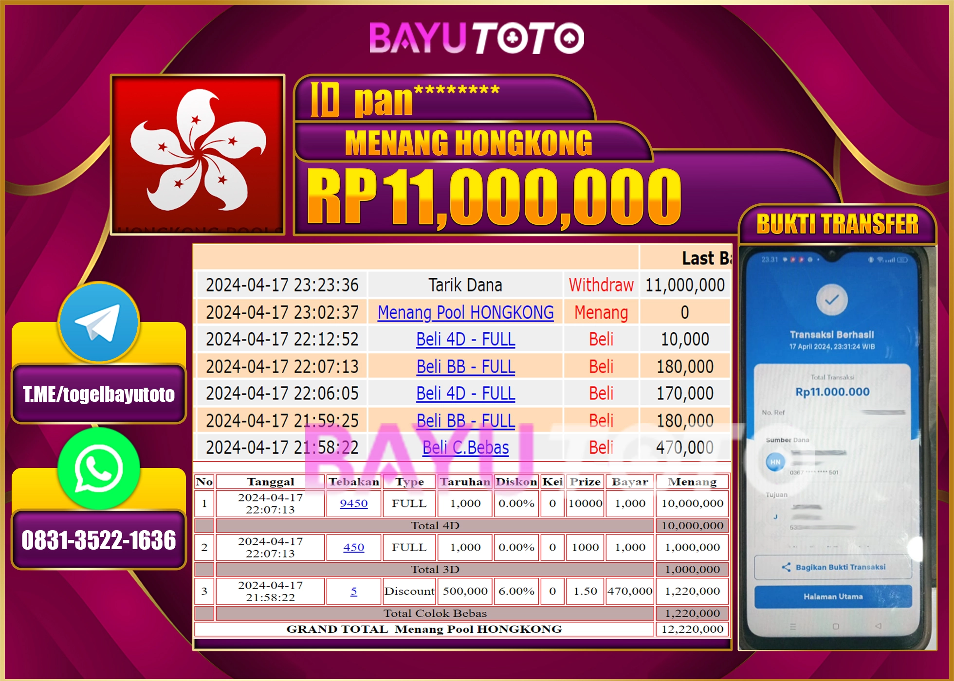 BAYUTOTO JACKPOT TOGEL PASARAN HONGKONG Rp.11.000.000 LUNAS