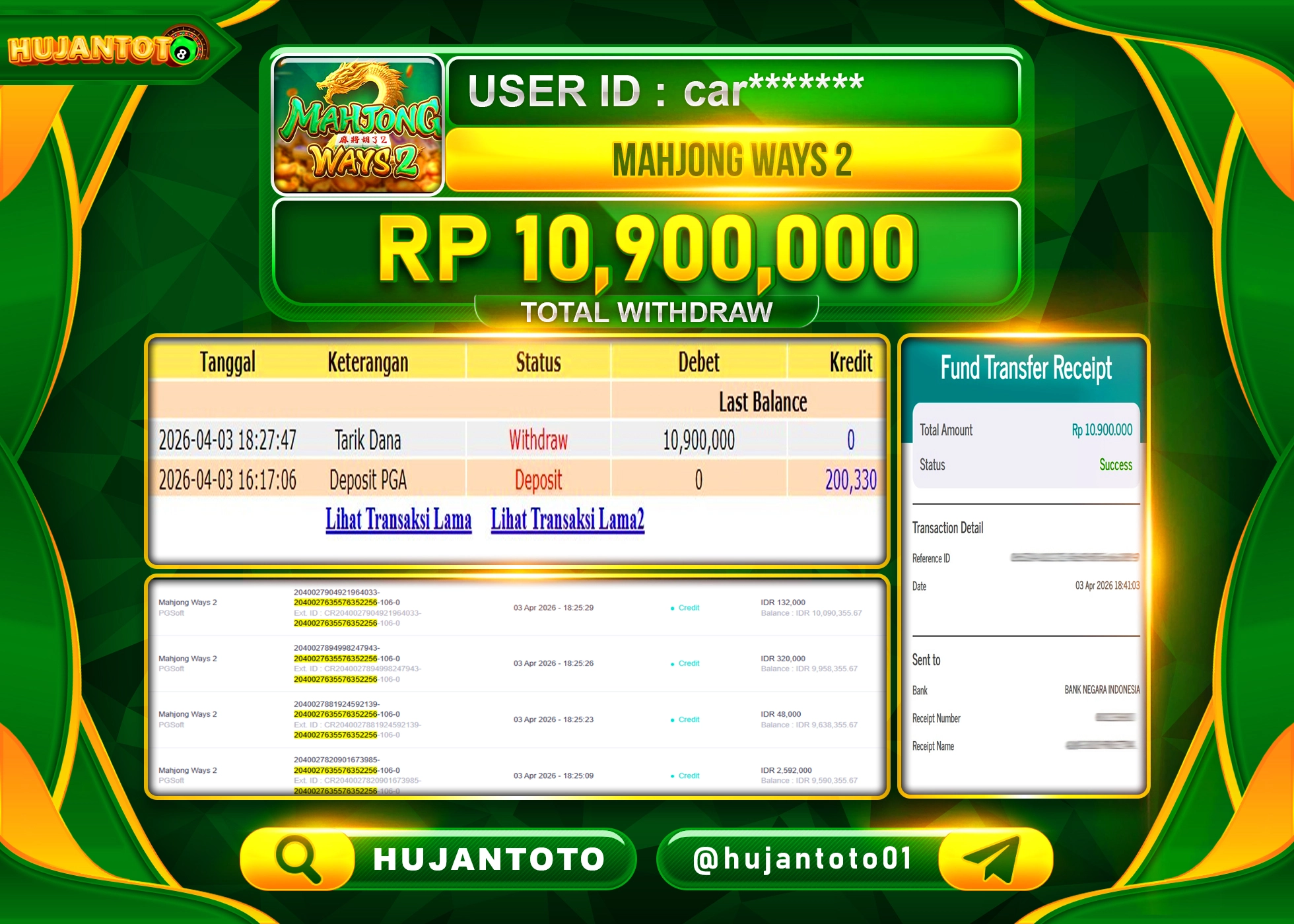 HUJANTOTO - BUKTI JACKPOT MENANG SLOT MAHJONG WAYS 2 Rp.10,900,000 - TERBAYAR LUNAS