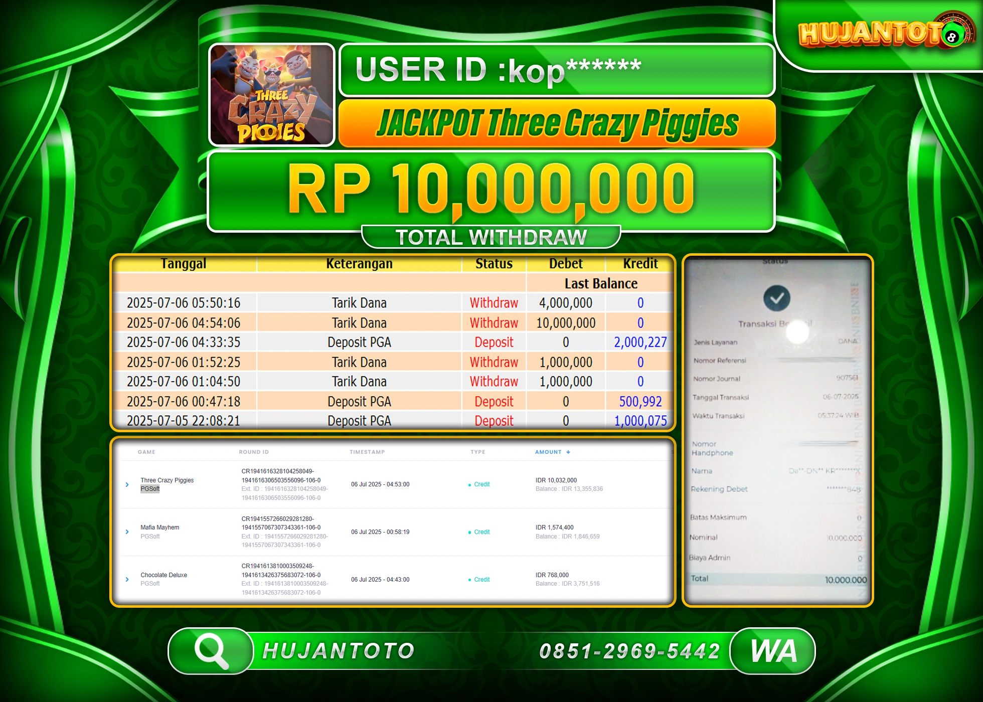 HUJANTOTO - BUKTI JACKPOT MENANG SLOT THREE CRAZY PIGGIES Rp.10,000,000 - TERBAYAR LUNAS