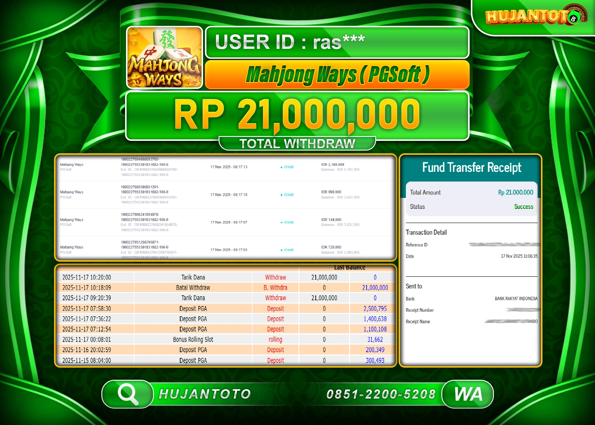 HUJANTOTO - BUKTI JACKPOT MENANG SLOT MAHJONG WAYS ( PG SOFT ) Rp.21,000,000 - TERBAYAR LUNAS