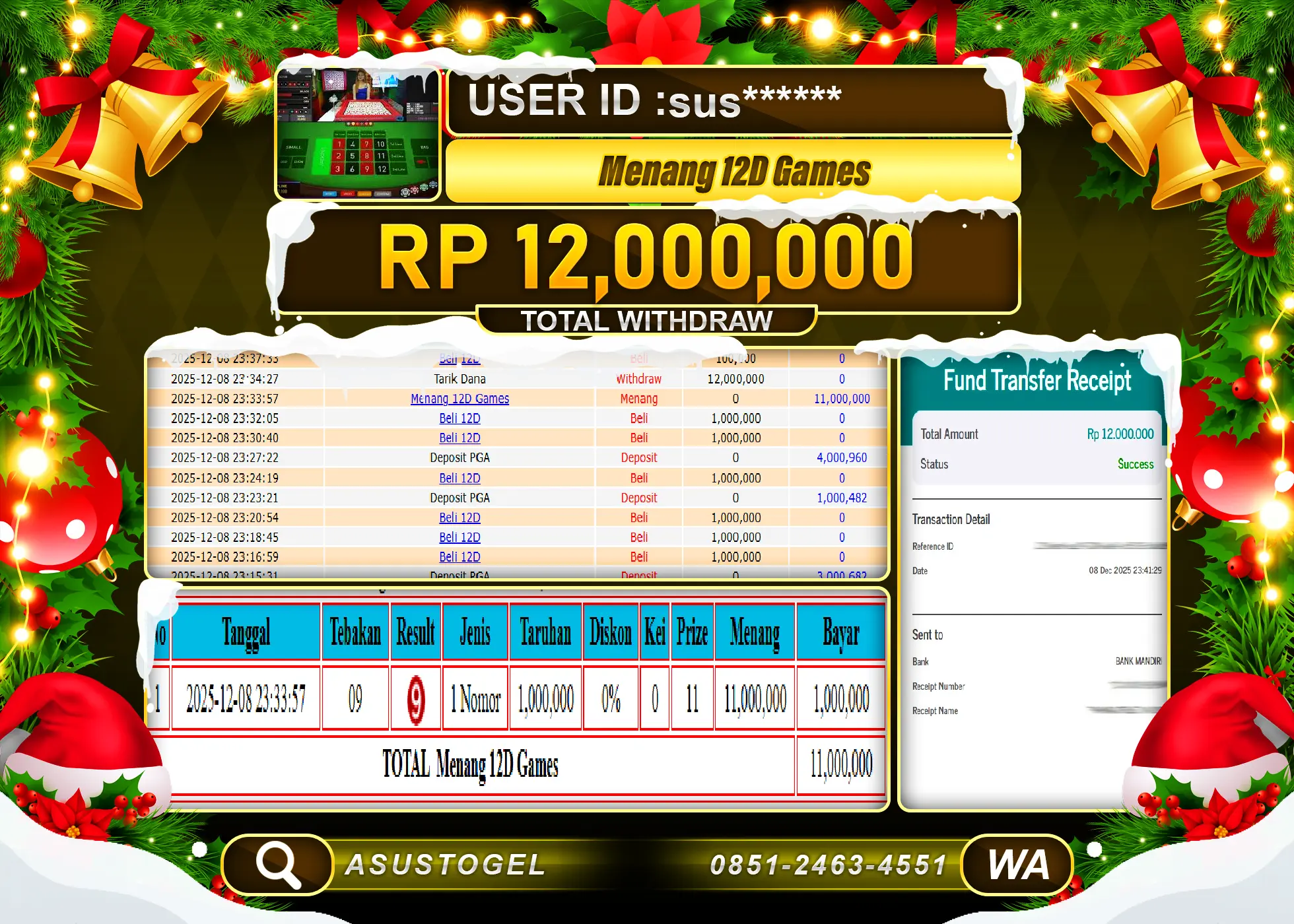 ASUSTOGEL KEMENANGAN DI LIVEGAME 12D  GAMES  SEBESAR 12,000,000 - RUPIAH LUNAS