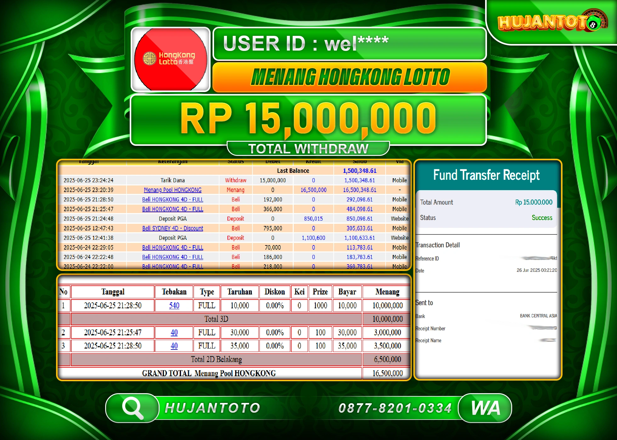 HUJANTOTO - BUKTI JACKPOT MENANG TOGEL HONGKONG LOTTO Rp.15,000,000 - TERBAYAR LUNAS