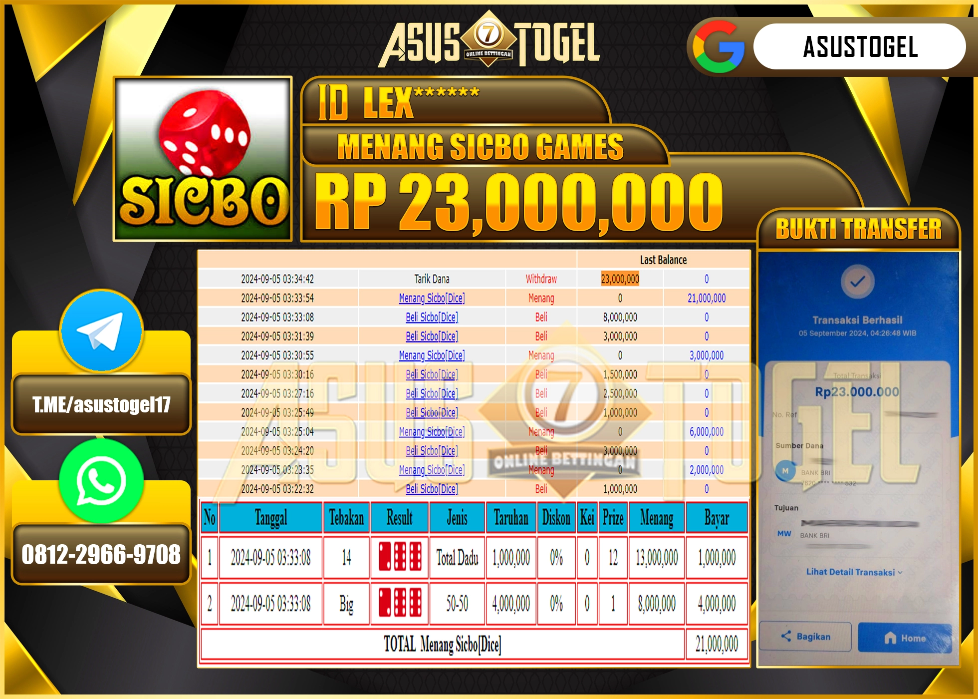 ASUSTOGEL KEMENANGAN DI LIVEGAME SICBO GAMES SEBESAR  23,000,000- RUPIAH LUNAS