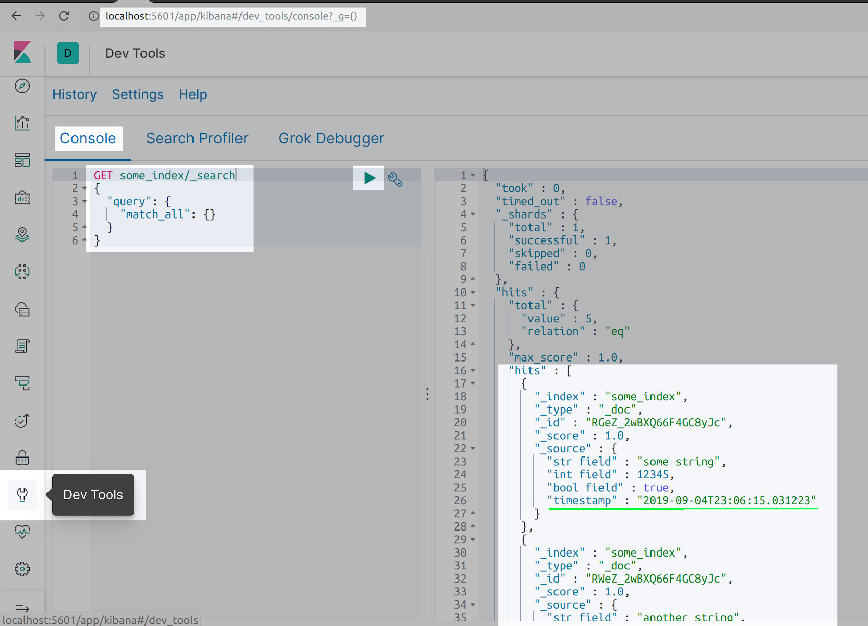 Screenshot of Kibana getting the Elasticsearch documents indexed in Python