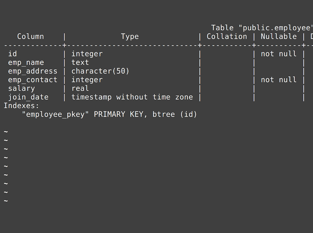 Screenshot of psql returning all of the columns in a PostgreSQL table