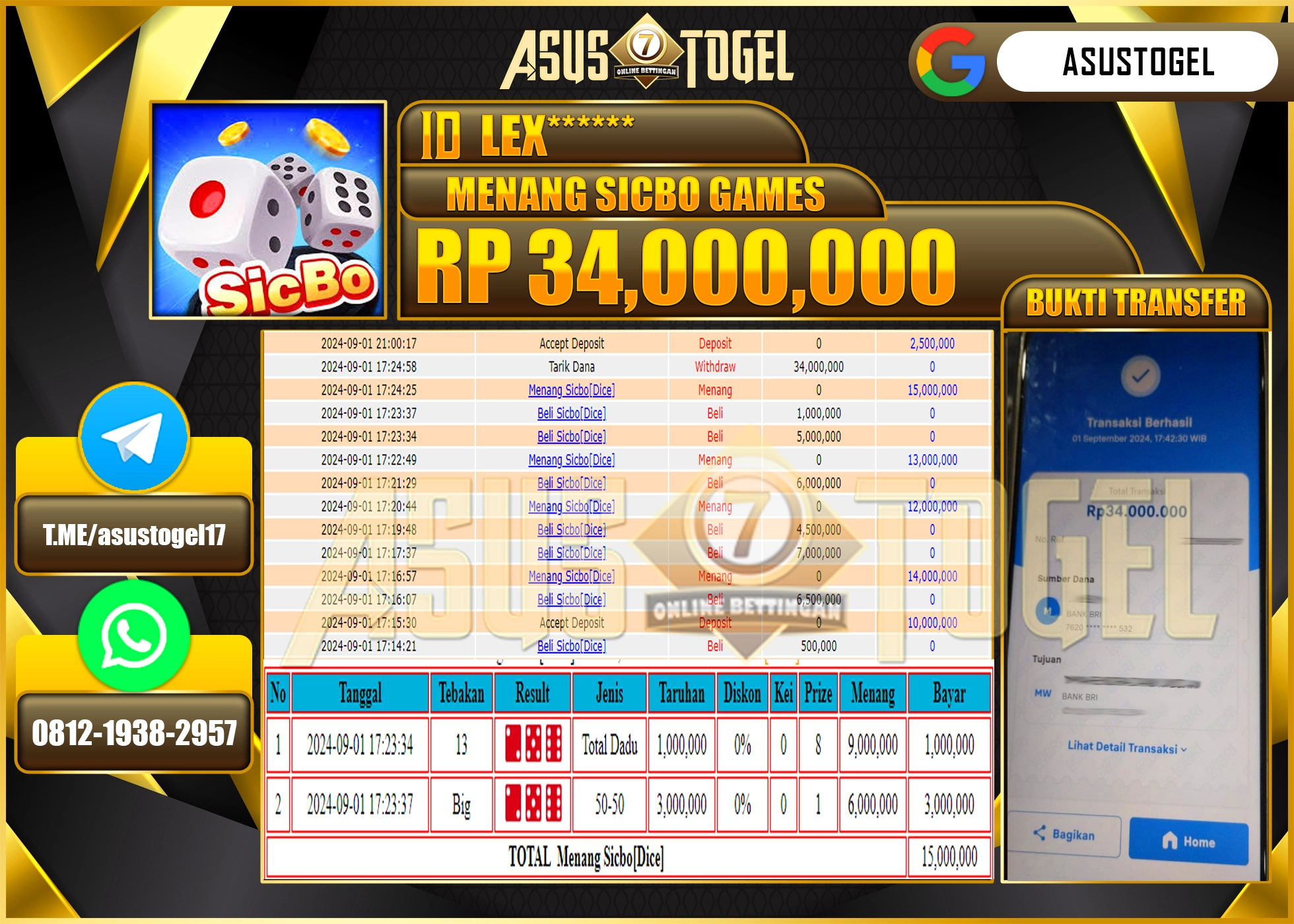 ASUSTOGEL KEMENANGAN DI LIVEGAME SICBO GAMES SEBESAR  34,000,000- RUPIAH LUNAS