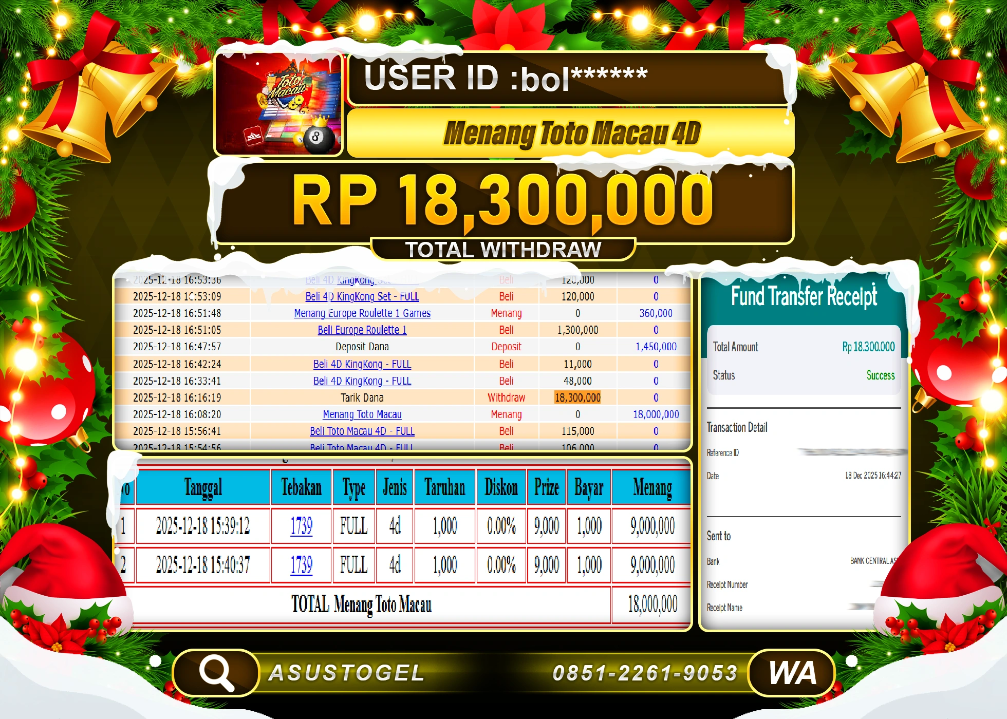 ASUSTOGEL KEMENANGAN DI TOGEL TOTO MACAU 4D SEBESAR 18,300,000 - RUPIAH LUNAS