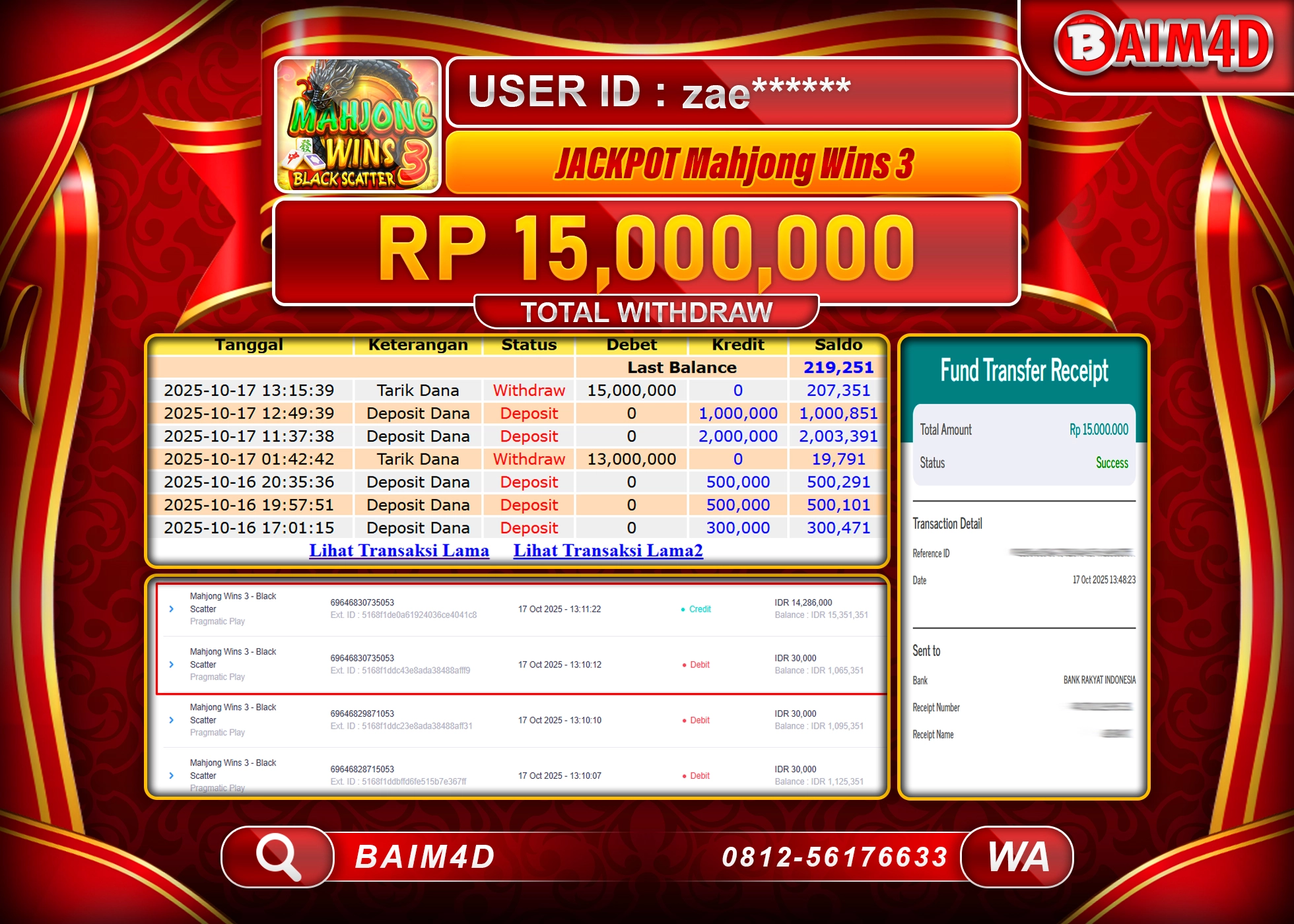 BAIM4D JACKPOT SLOT MAHJONG WINS 3 Rp.15,000,000.- LUNAS