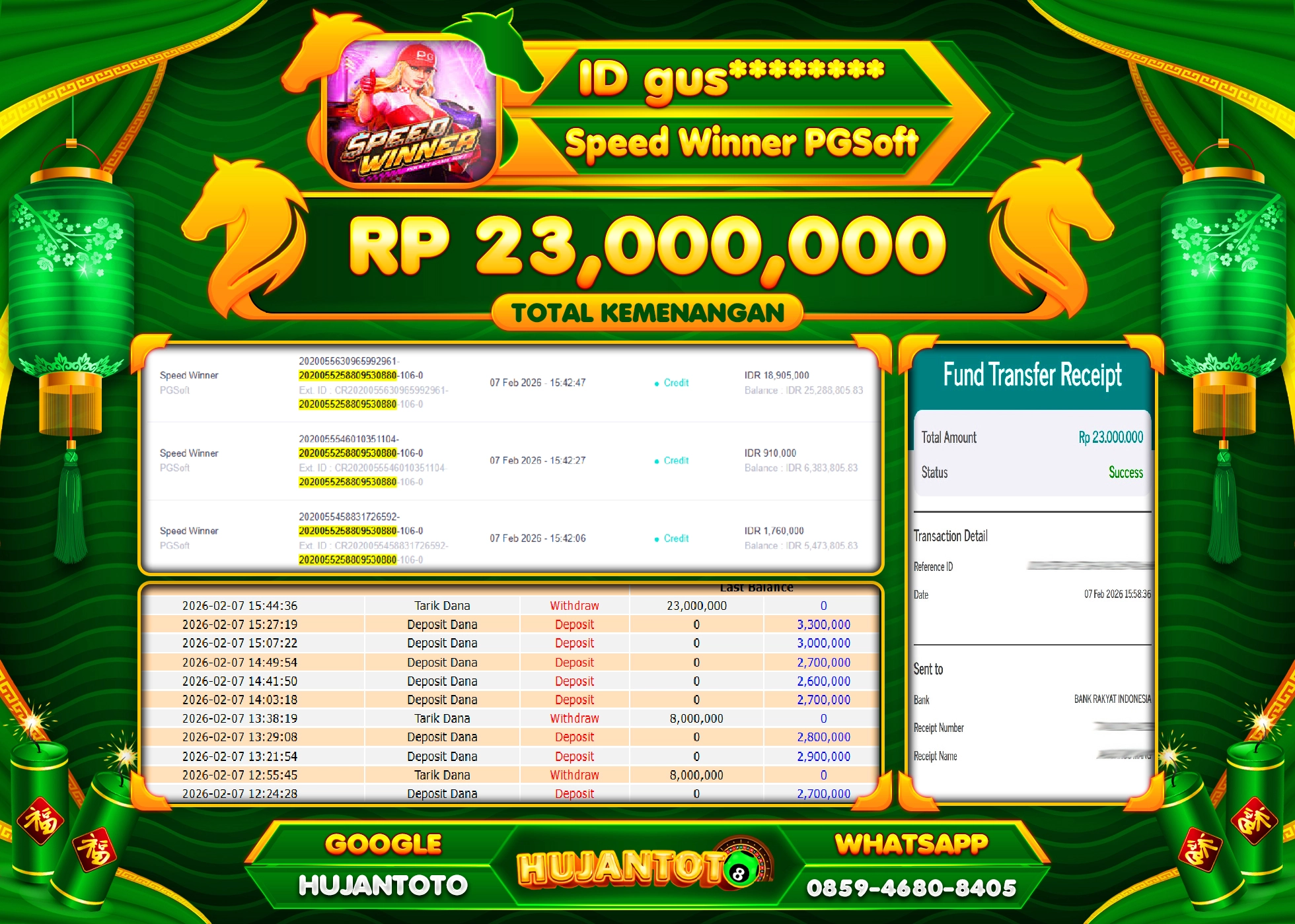 HUJANTOTO - BUKTI JACKPOT MENANG SLOT SPEED WINNER PGSOFT Rp.23,000,000 - TERBAYAR LUNAS
