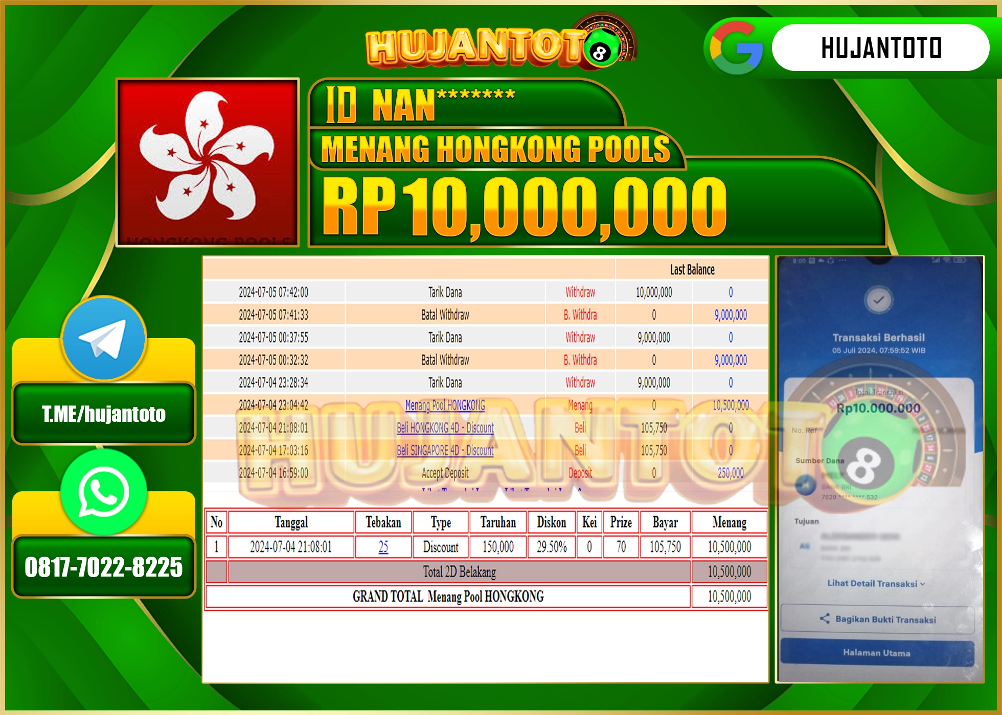 HUJANTOTO MENANG HONGKONG POOLS 10.000.000 - LUNAS 