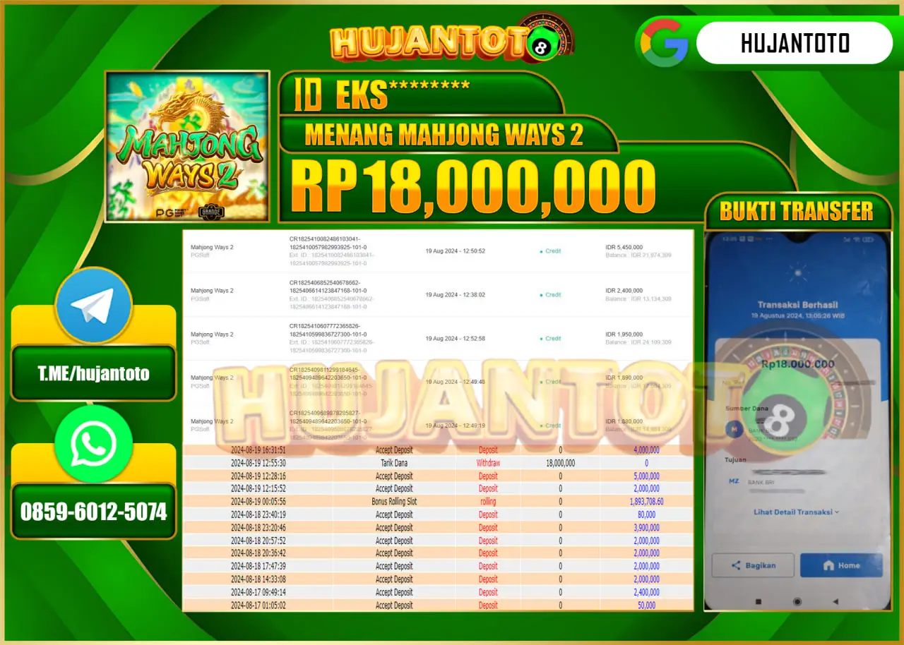 HUJANTOTO MENANG BESAR DI PERMAINAN SLOT MAHJONG WAYS 2 18.000.000 - LUNAS 