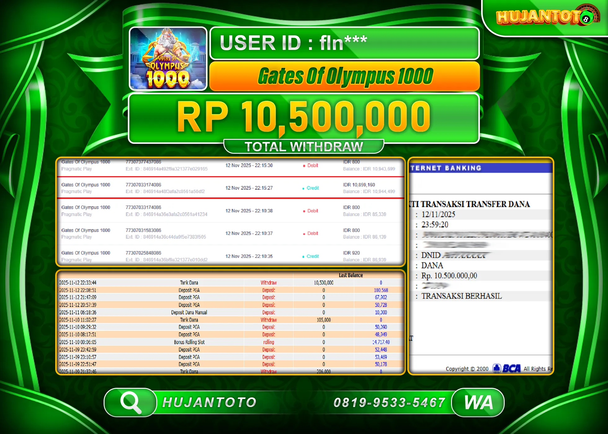 HUJANTOTO - BUKTI JACKPOT MENANG SLOT GATES OF OLYMPUS 1000 Rp.10,500,000 - TERBAYAR LUNAS