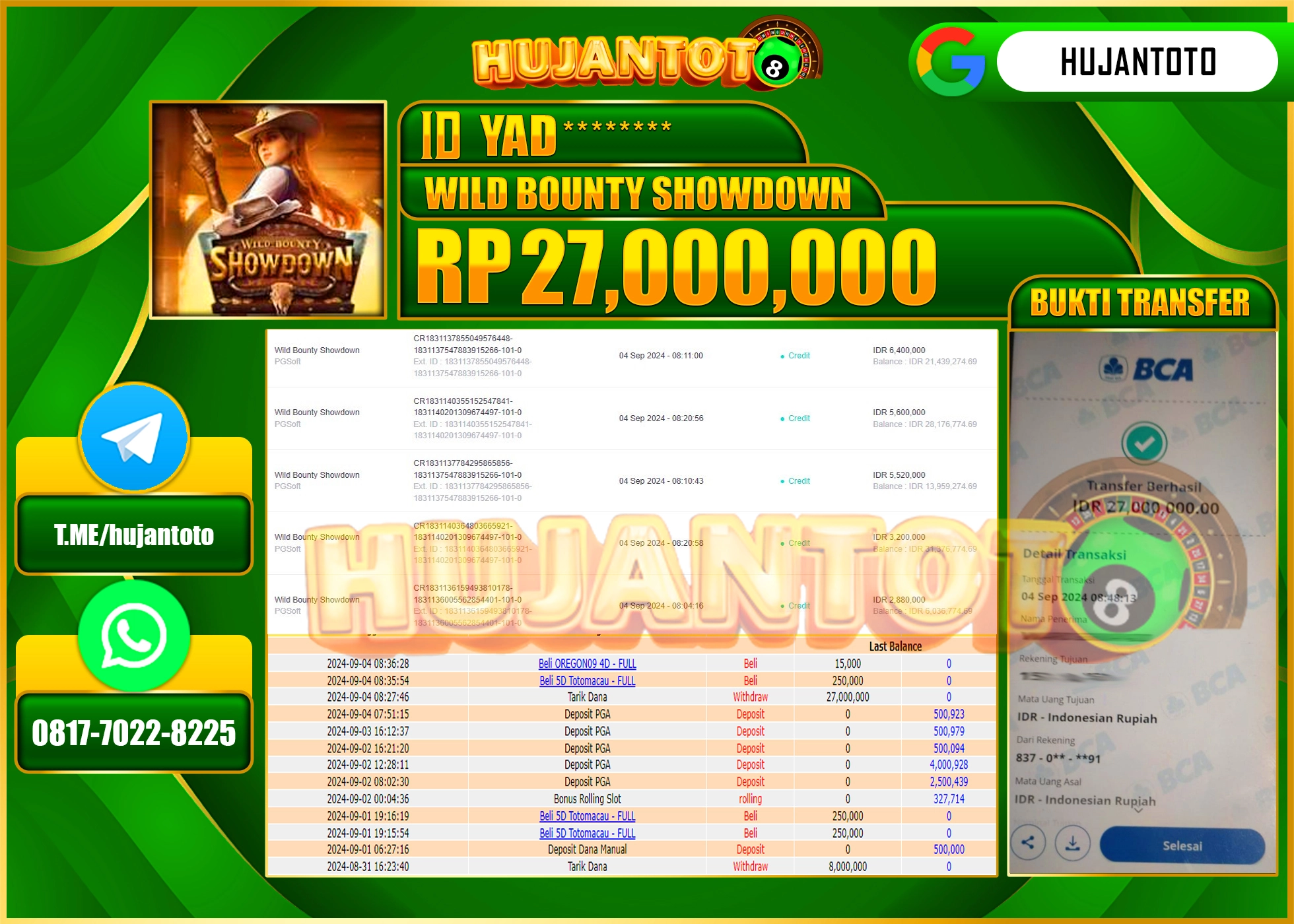 HUJANTOTO MENANG BESAR DI PERMAINAN WILD BOUNTY SHOWDOWN 27,000.000 - LUNAS 