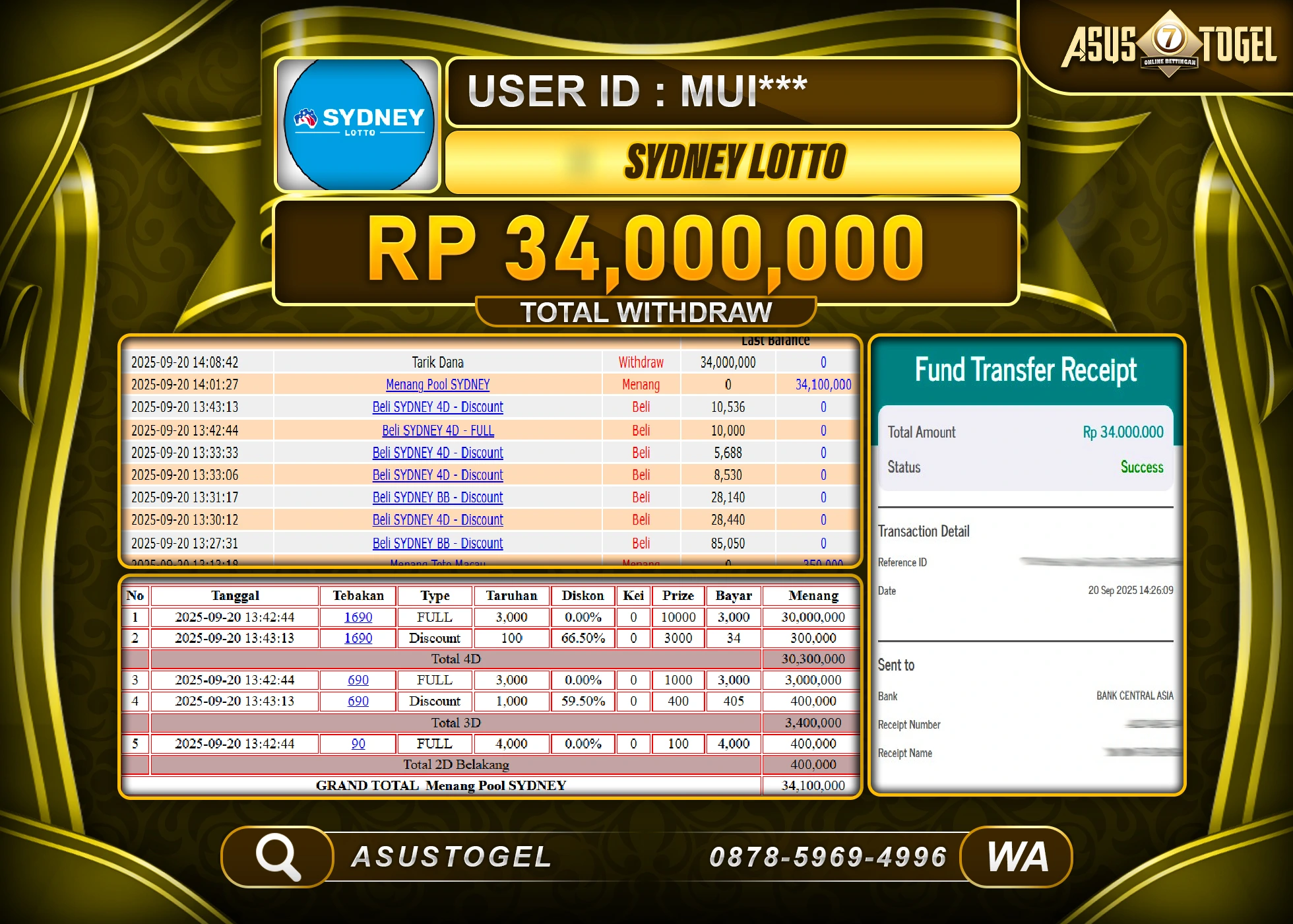 ASUSTOGEL KEMENANGAN DI TOGEL SYDNEY LOTTO SEBESAR 34,000,000- RUPIAH LUNAS