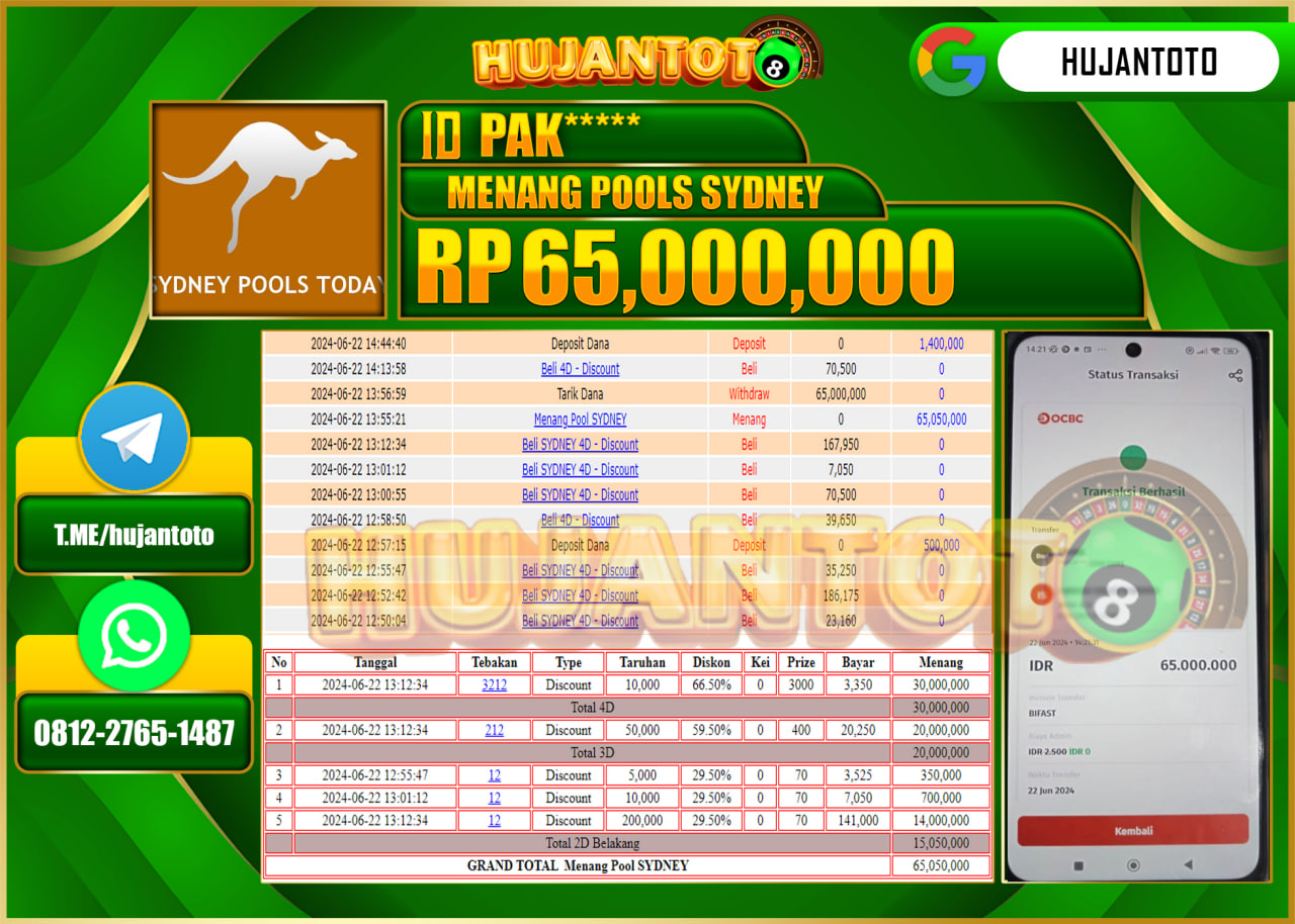 HUJANTOTO MENANG POOLS SYDNEY, WD 65,000,000 - LUNAS 