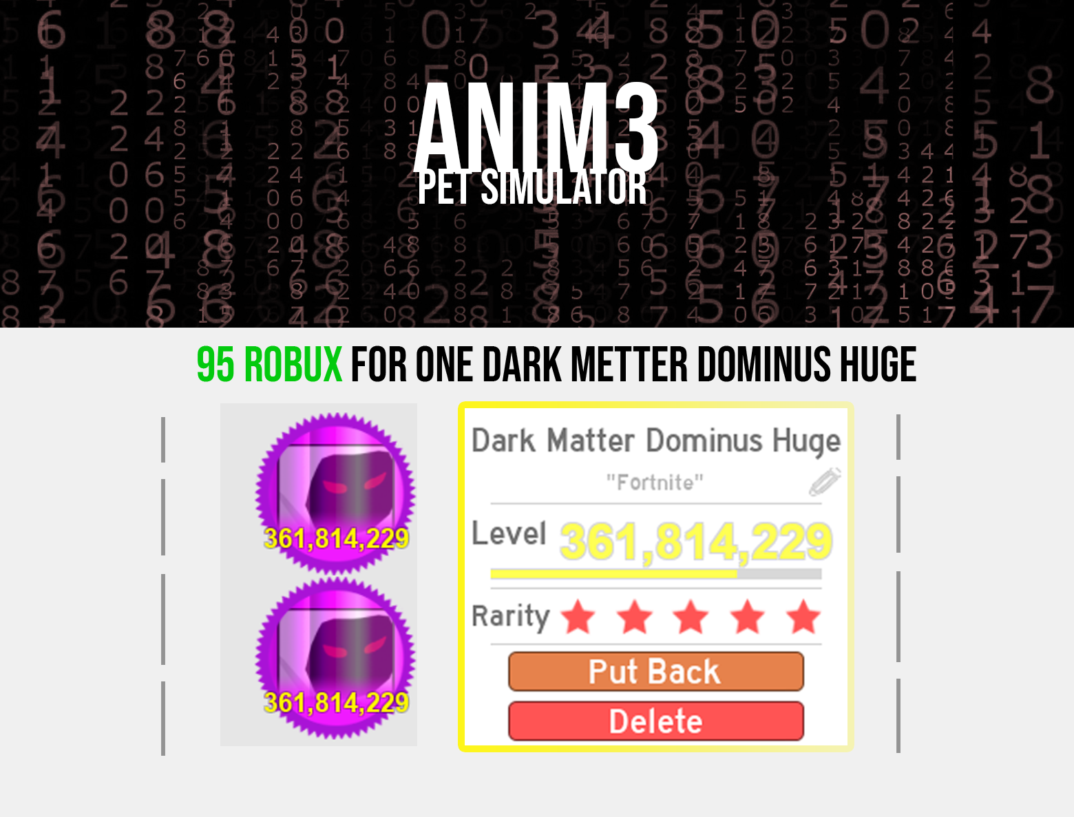 S Dark Matter Dominus Huge Pet Simulator - how much robux does a dominus cost
