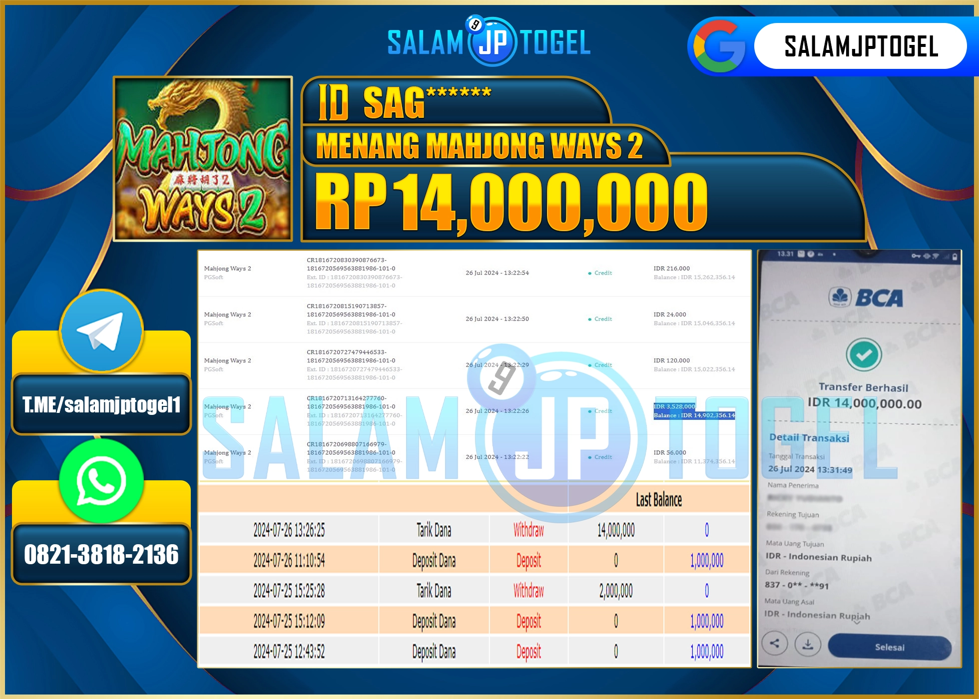 SALAMJPTOGEL MENANG MAHJONG WAYS 2  RP. 14,000,000.,LUNAS