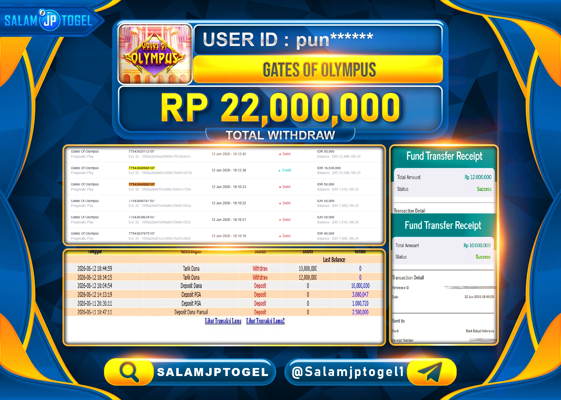 SALAMJPTOGEL JACKPOT MENANG SLOT GATES OF OLYMPUS Rp.22,000,000 - LUNAS