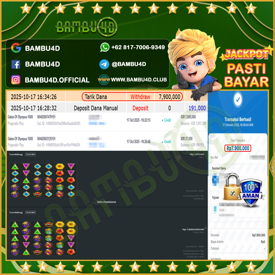 BAMBU4D JACKPOT SLOT PRAGMATIC GATES OF OLYMPUS 1000 Rp.7.830.000,- LUNAS