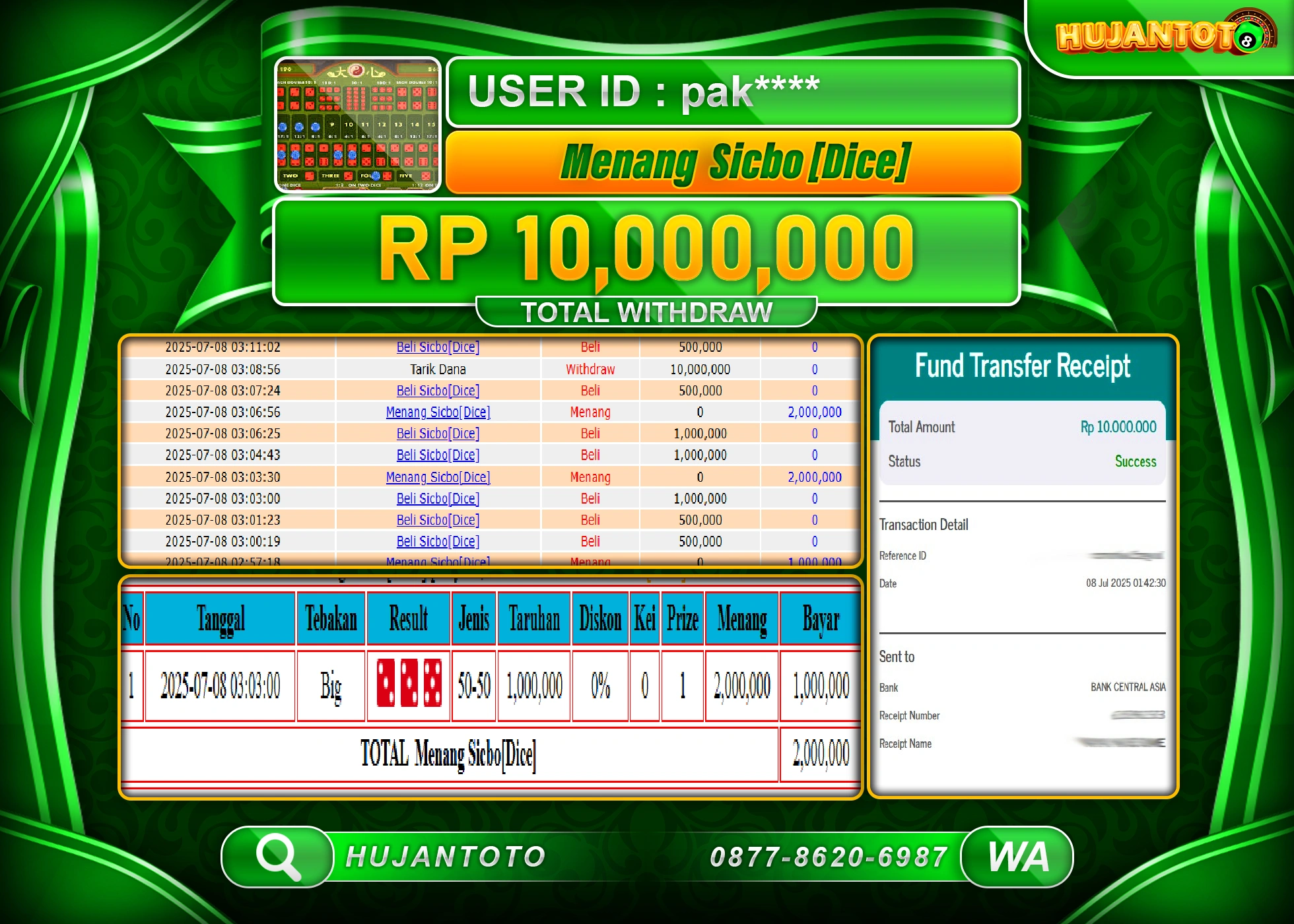 HUJANTOTO - BUKTI JACKPOT MENANG BESAR DI LIVEGAMES SICBO DICE  Rp.10,000,000 - TERBAYAR LUNAS