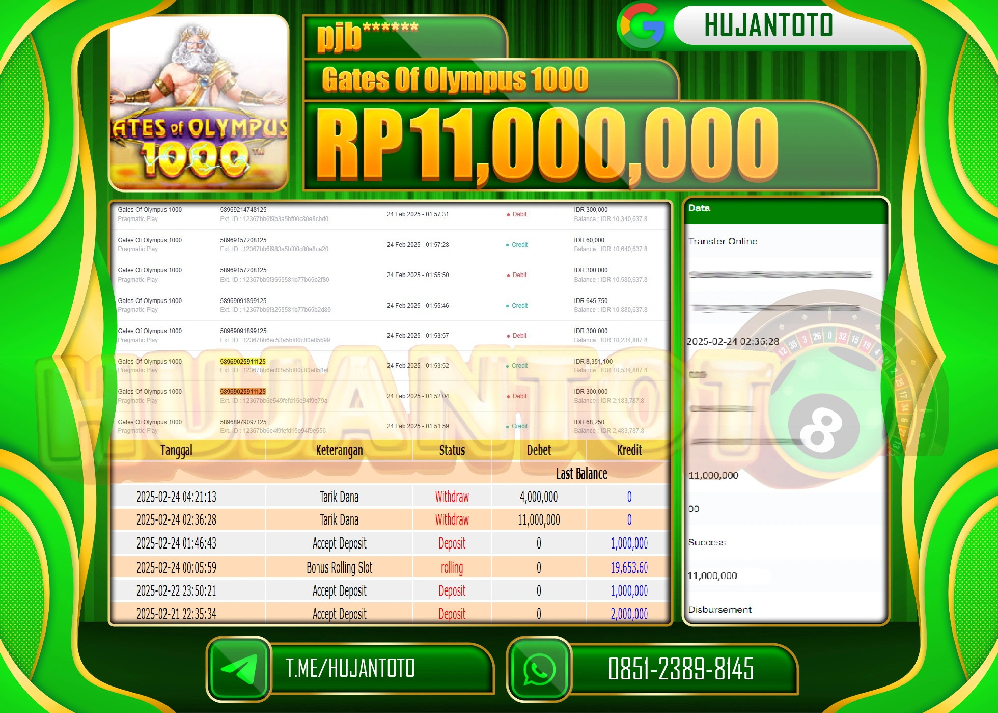 HUJANTOTO - BUKTI JACKPOT MENANG SLOT GATES OF OLYMPUS 1000 Rp,11,000,000 - TERBAYAR LUNAS