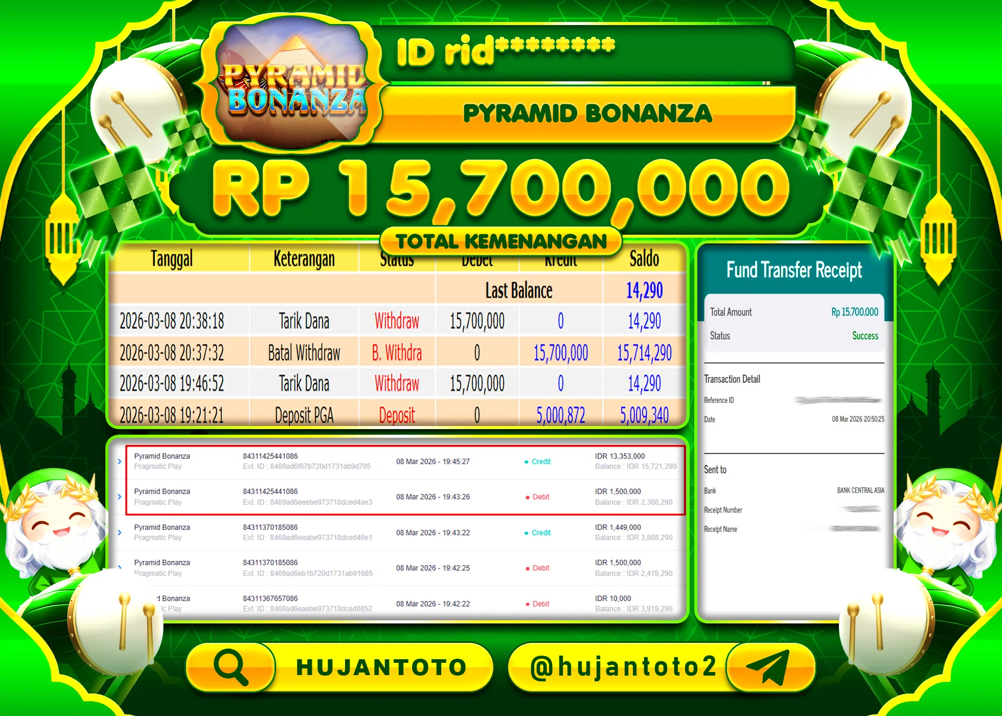 HUJANTOTO - BUKTI JACKPOT MENANG SLOT  PYRAMID BONANZA Rp.15,700,000 - TERBAYAR LUNAS