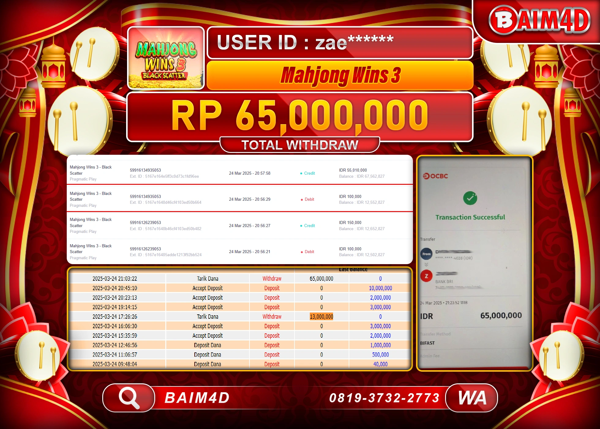BAIM4D MENANG SLOT MAHJONG WINS 3  Rp.65.000,000.- LUNAS