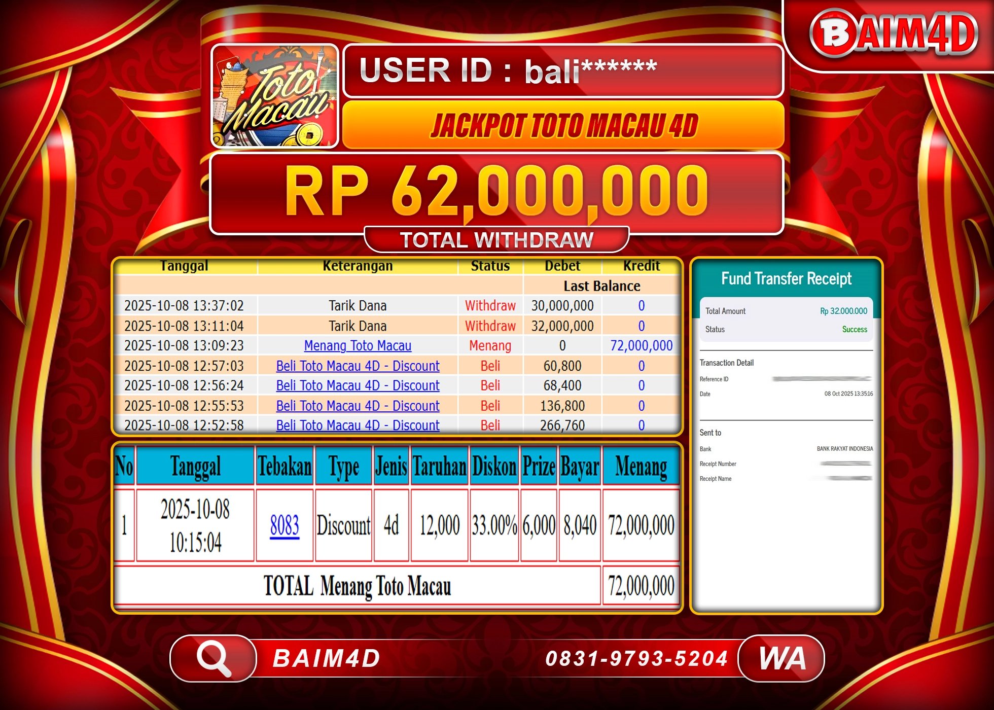 BAIM4D JACKPOT TOGEL TOTO MACAU 4D GAMES Rp.62,000,000.- LUNAS
