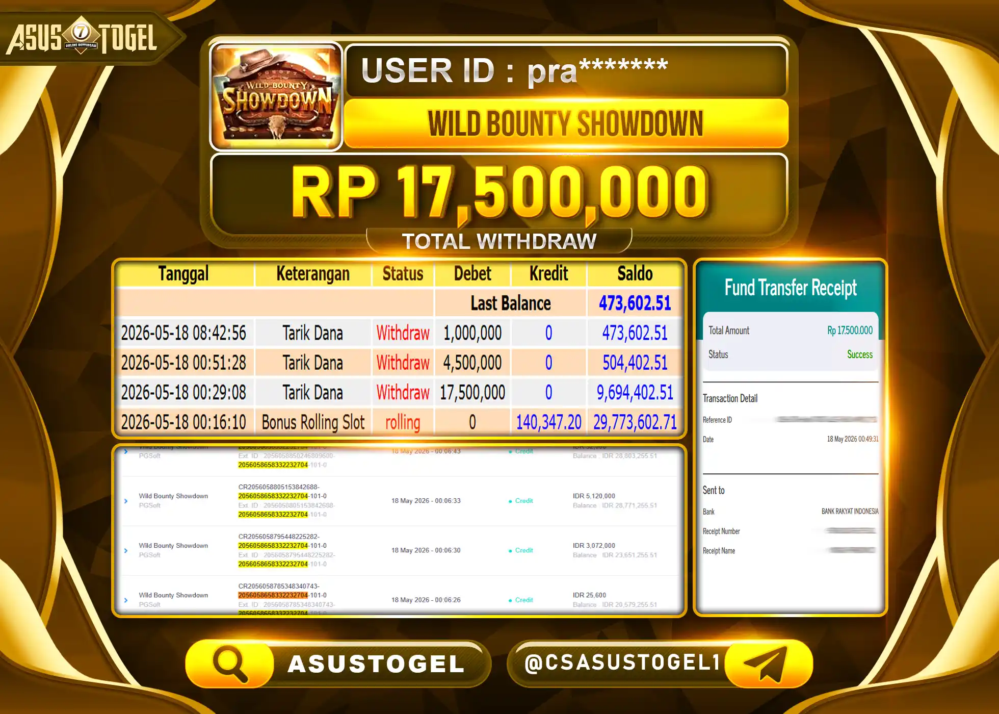 ASUSTOGEL KEMENANGAN JACKPOT DI PERMAINAN WILD BOUNTY SHOWDOWN  SEBESAR Rp.17,500,000 - RUPIAH LUNAS