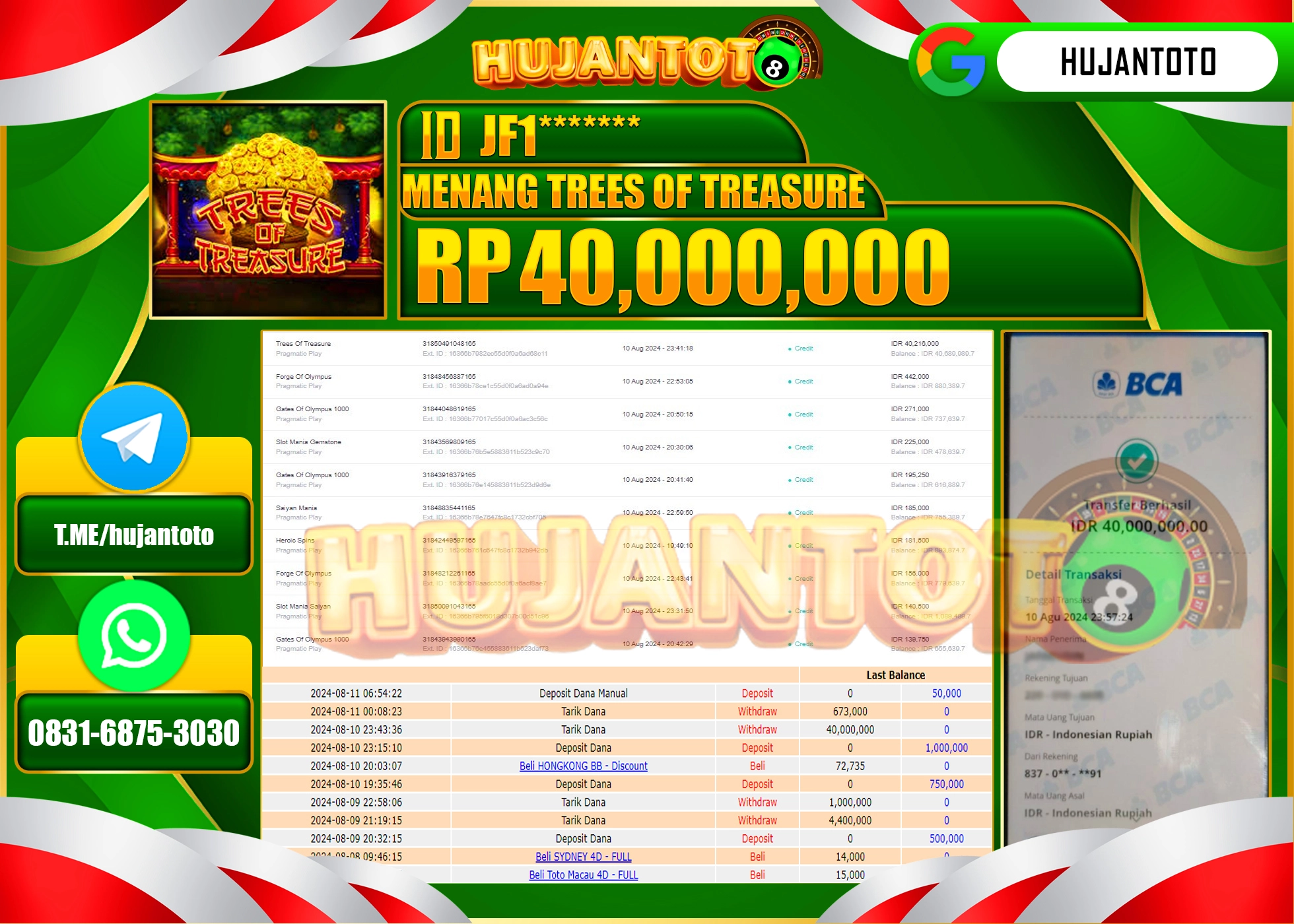 HUJANTOTO MENANG BESAR DI PERMAINAN TREES OF TREASURE 40.000.000  - LUNAS 