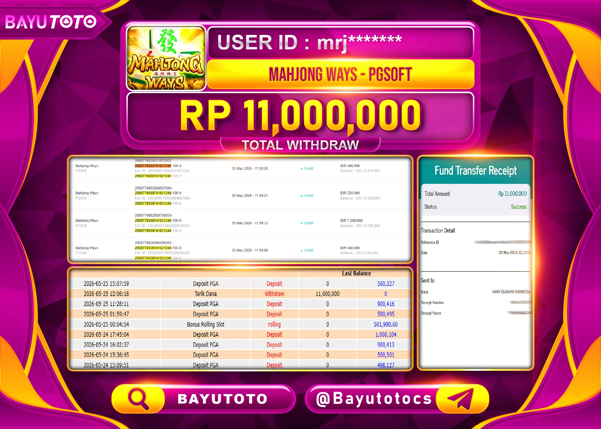 SELAMAT MEMBER SETIA BAYUTOTO JACKPOT DI SLOT MAHJONG WAYS  (PGSOFT) Rp. 11,000,000 LUNAS