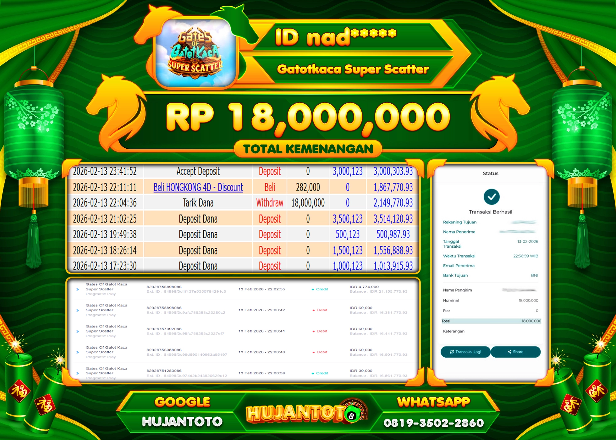 HUJANTOTO - BUKTI JACKPOT MENANG SLOT GATOTKACA SUPER SCATTER Rp.18,000,000 - TERBAYAR LUNAS