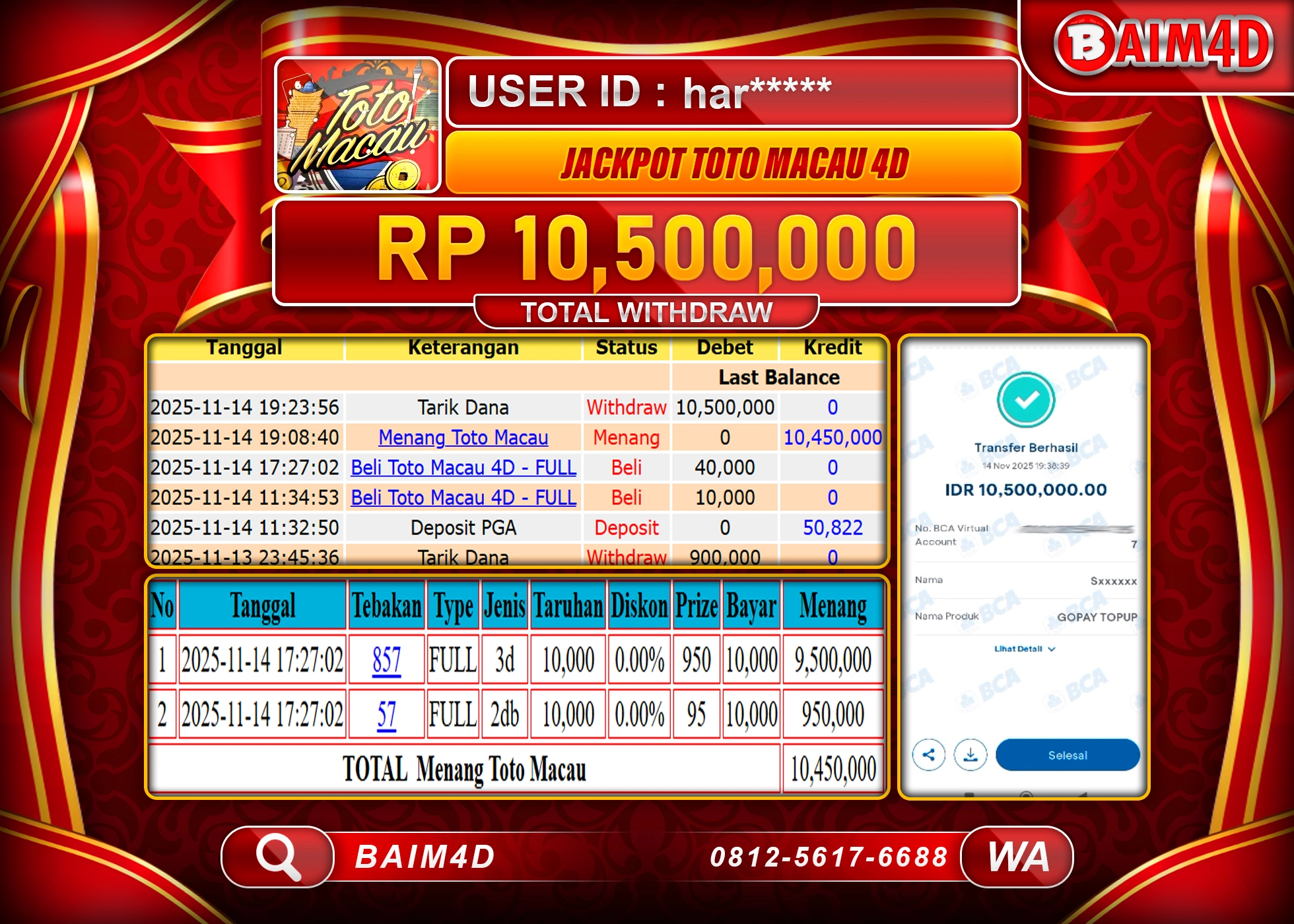 BAIM4D JACKPOT TOGEL TOTO MACAU 4D GAMES Rp.10,500,000 - LUNAS