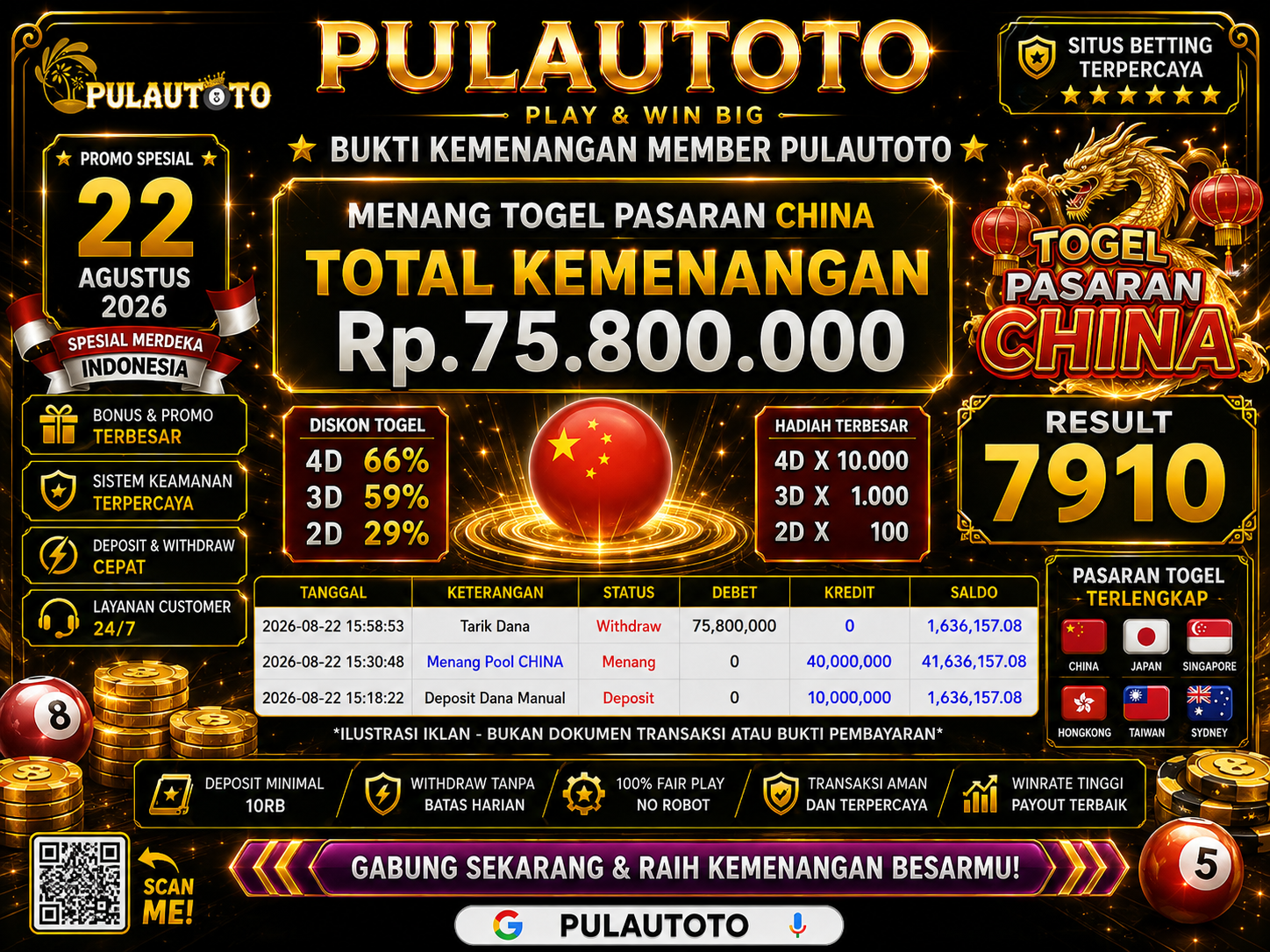 🏆 BUKTI KEMENANGAN MEMBER PULAUTOTO KEMENANGAN TOGEL PASARAN CHINA🏆