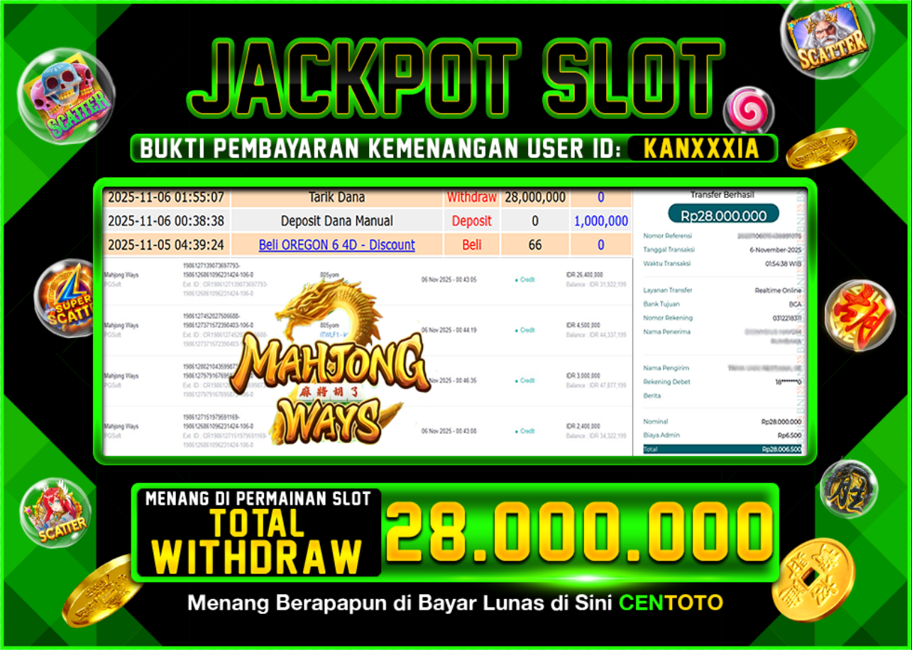 BUKTI JACKPOT SLOT CENTOTO RP.28.000.000,-LUNAS
