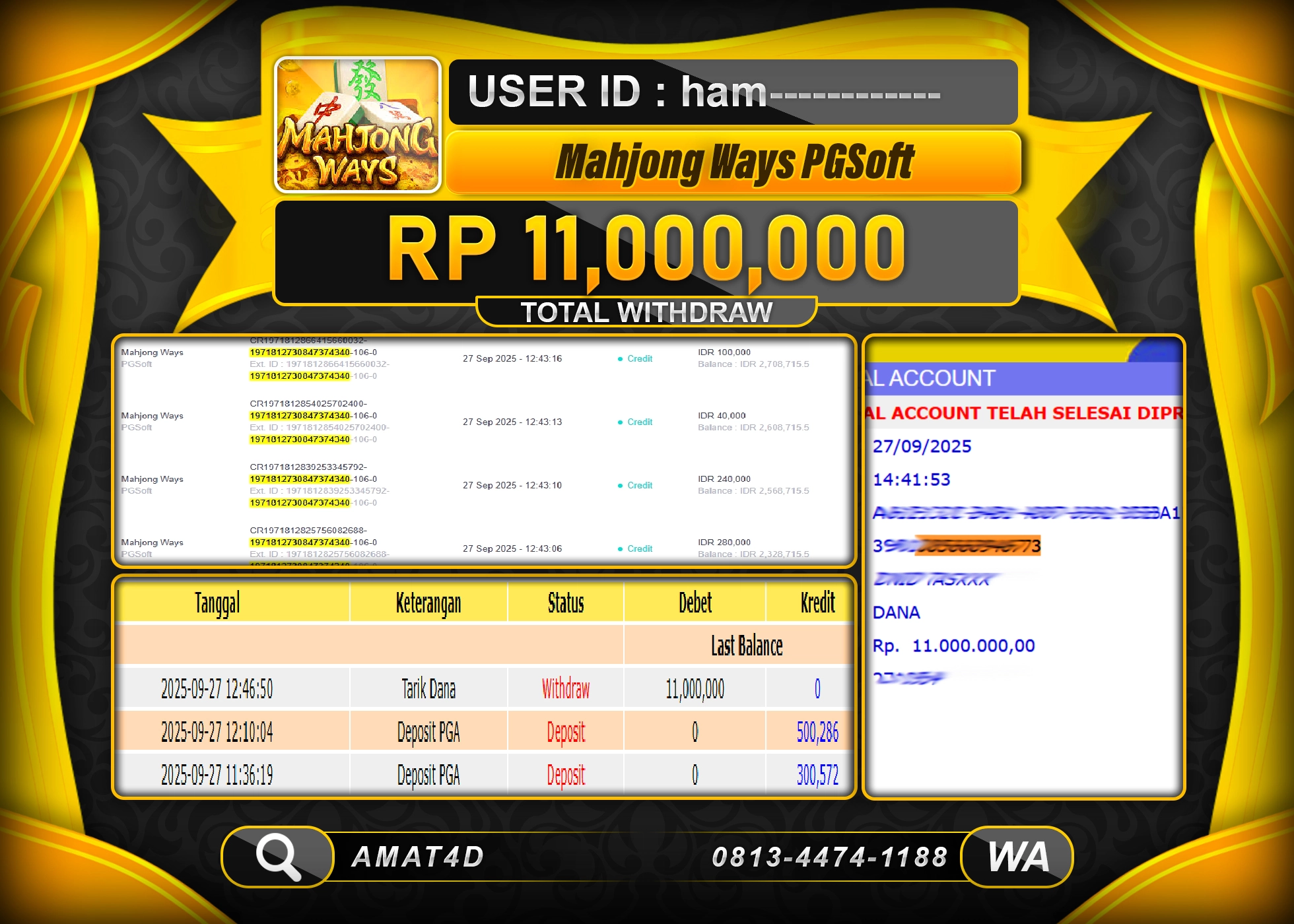 AMAT4D KEMENANGAN JACKPOT MAHJONG WAYS PGSOFT  Rp.11.000.000 BERHASIL TERBAYAR LUNAS