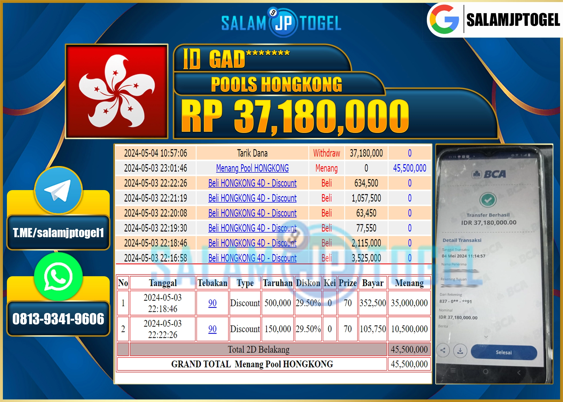 SALAMJPTOGEL  MENANG HONGKONG RP.37,180,000.,- LUNAS