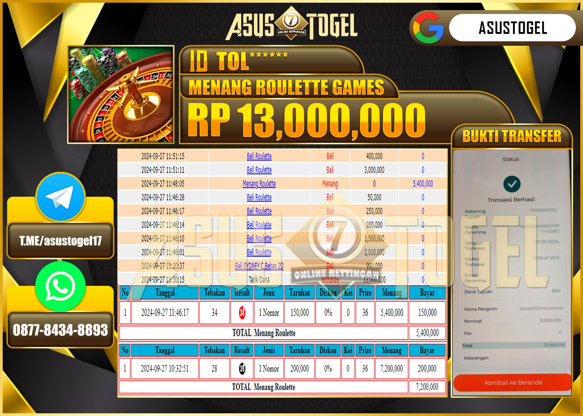 ASUSTOGEL KEMENANGAN DI PERMAINAN ROULETTE GAMES SEBESAR 13,000,000- RUPIAH LUNAS