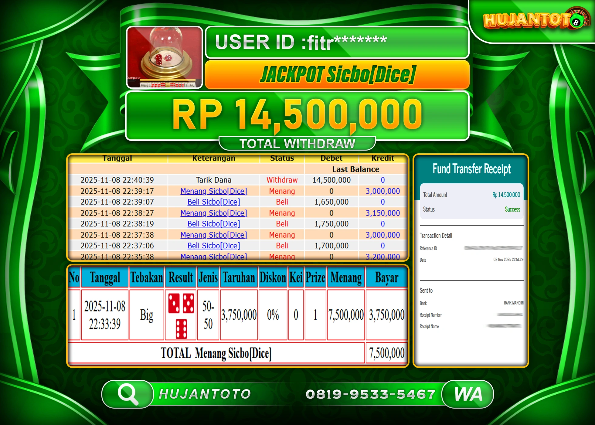 HUJANTOTO - BUKTI JACKPOT MENANG LIVEGAME CASINO SICBO [DICE] Rp.14,500,000 - TERBAYAR LUNAS