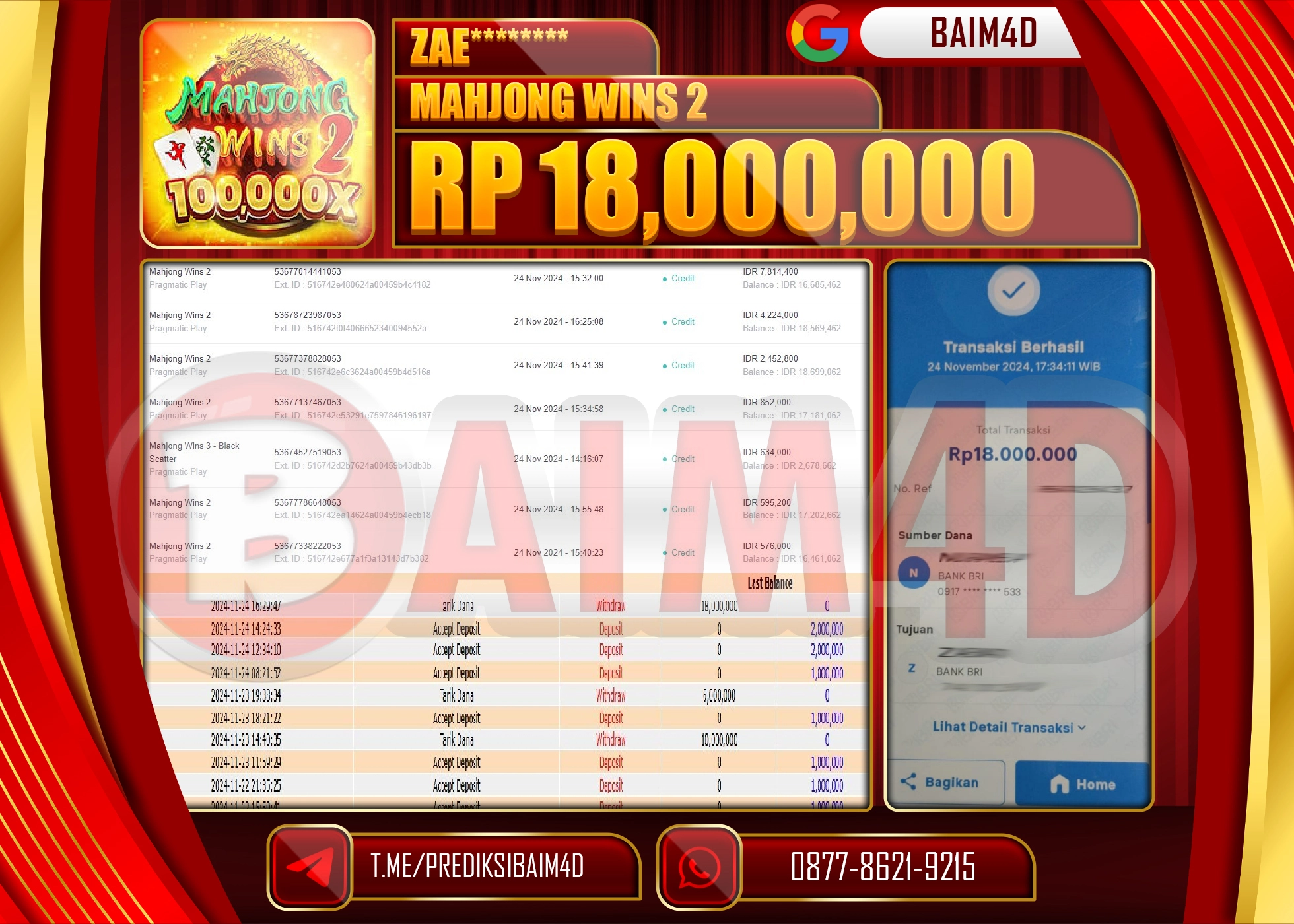 BAIM4D JACKPOT PG SOFT MAHJONG WINS 2  Rp.18.000,000.- LUNAS