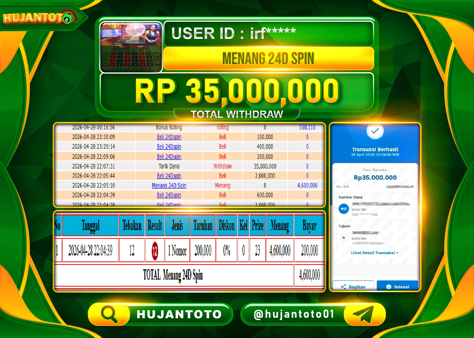 HUJANTOTO - BUKTI JACKPOT MENANG LIVE GAME 24D SPIN  Rp.35,000,000 - TERBAYAR LUNAS