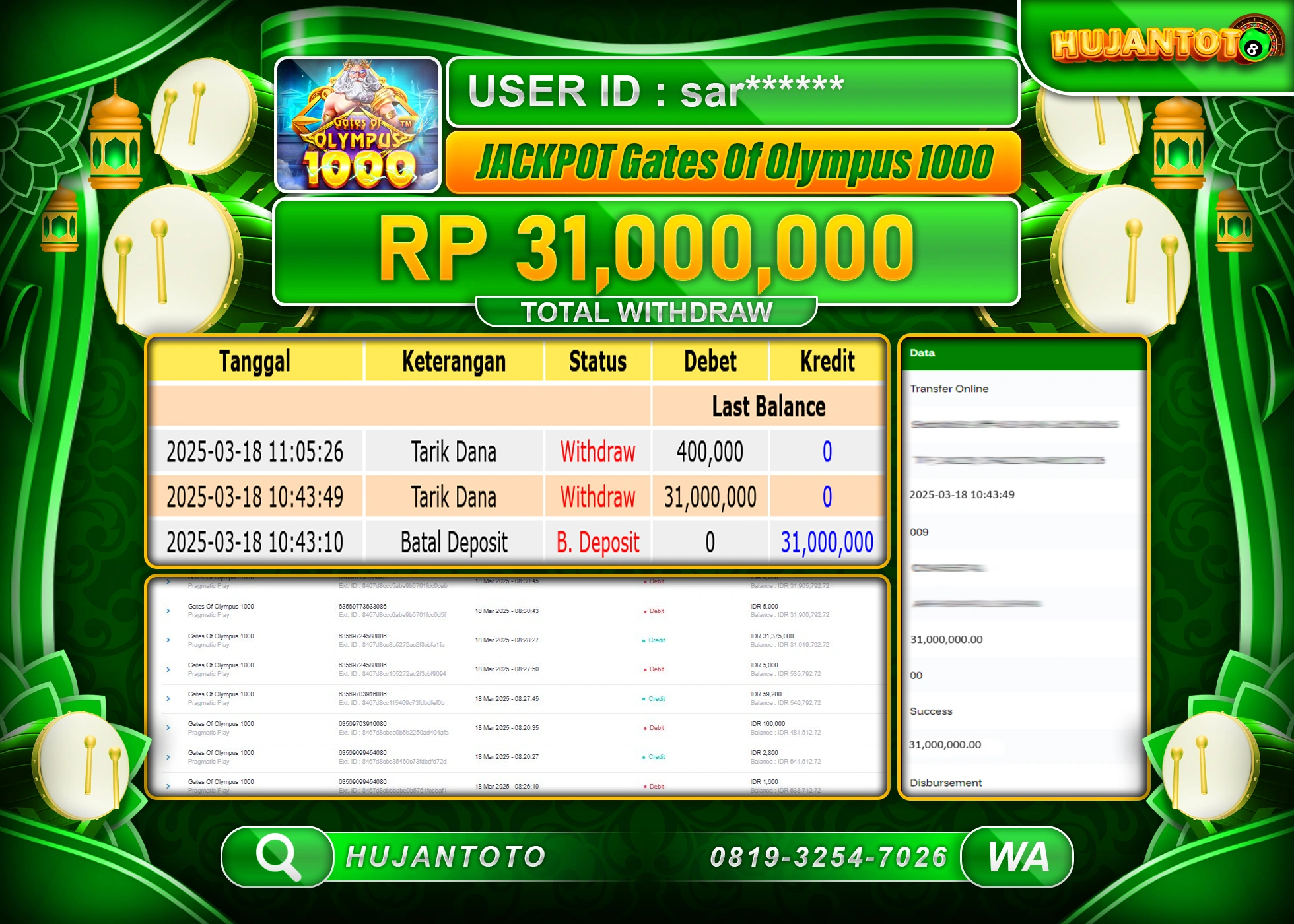 HUJANTOTO - BUKTI JACKPOT MENANG  SLOT GATES OLYMPUS 1000 Rp,31,000,000 - TERBAYAR LUNAS 