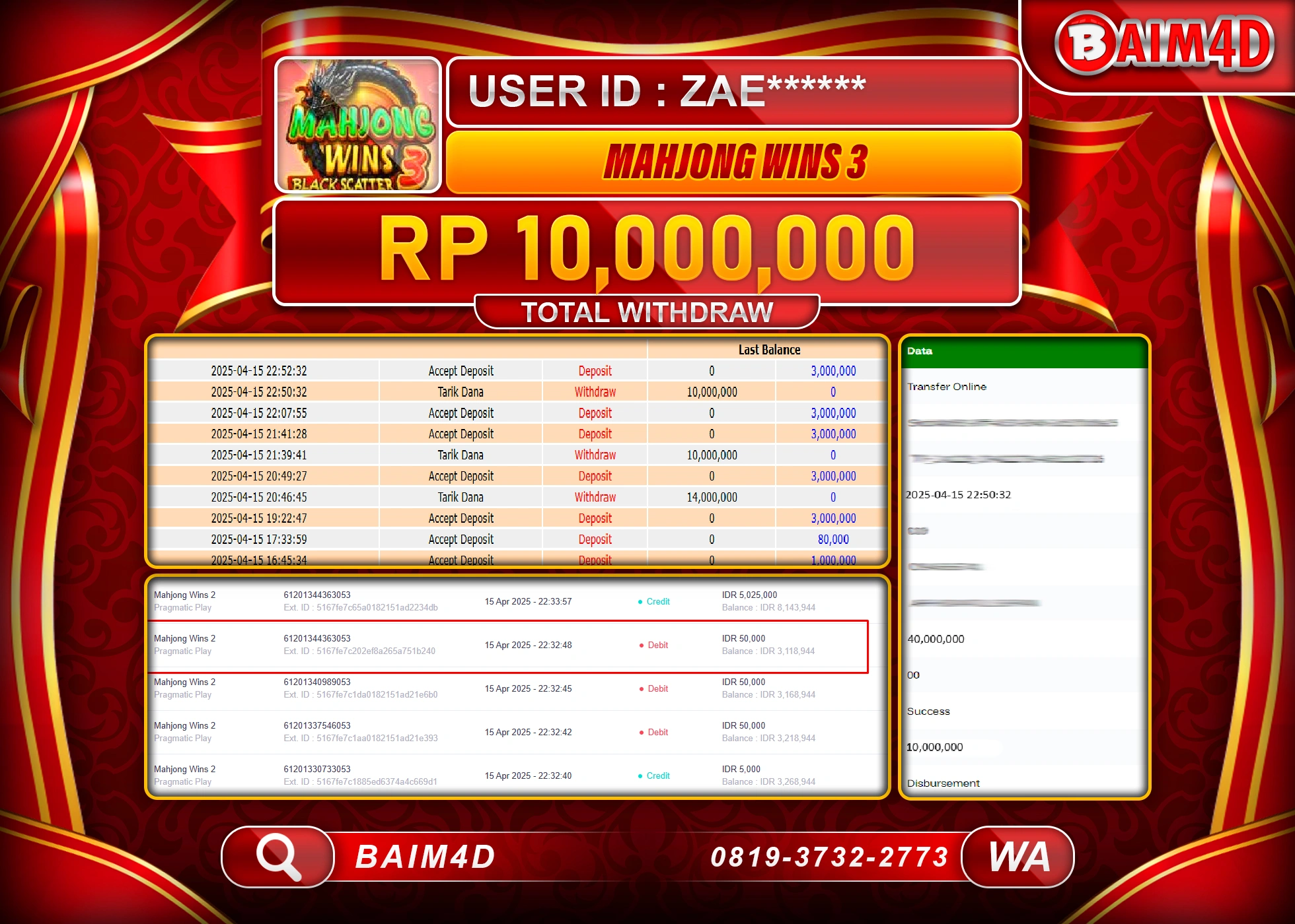 BAIM4D JACKPOT MAHJONG WAYS 3 Rp.10.000,000.- LUNAS