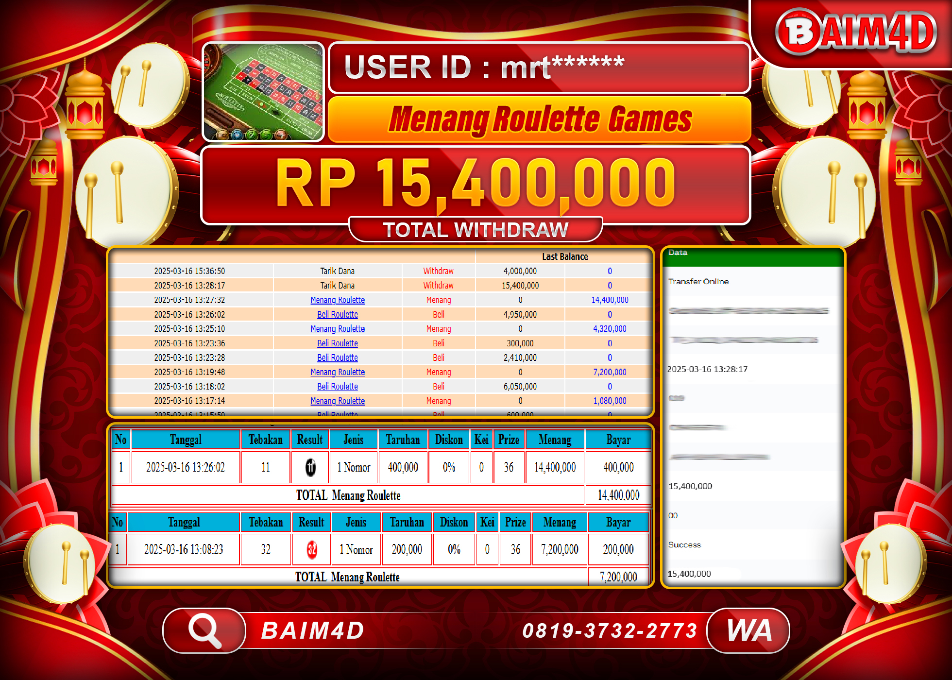 BAIM4D MENANG ROULETTE  GAMES Rp.15.400,000.- LUNAS