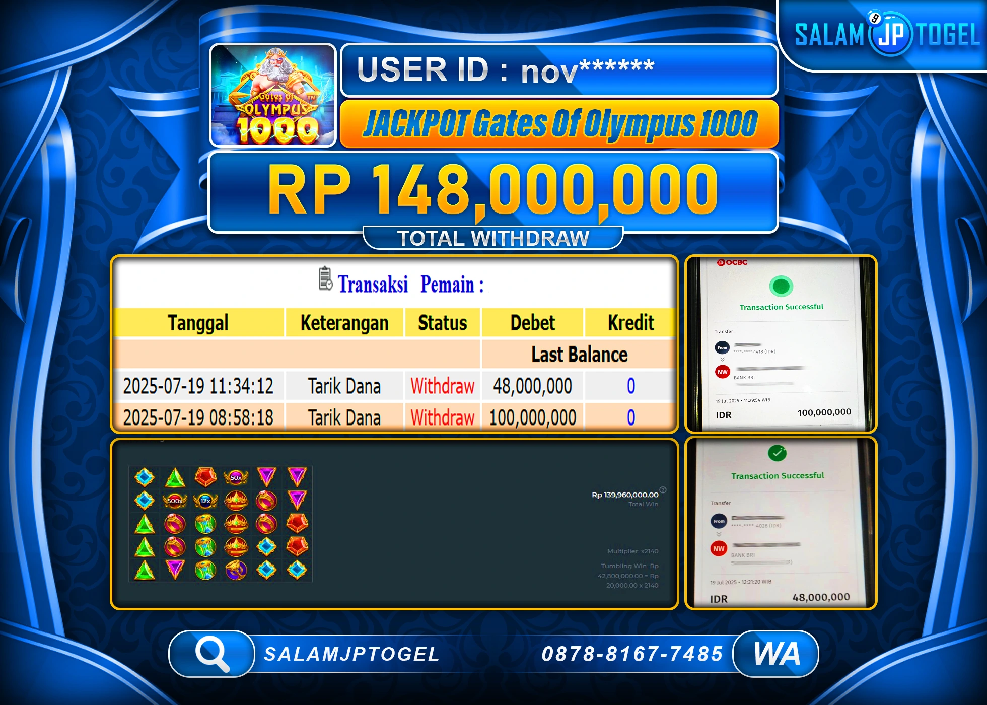 SALAMJPTOGEL MENANG GATES OF OLYMPUS 1000 Rp.148,000,000