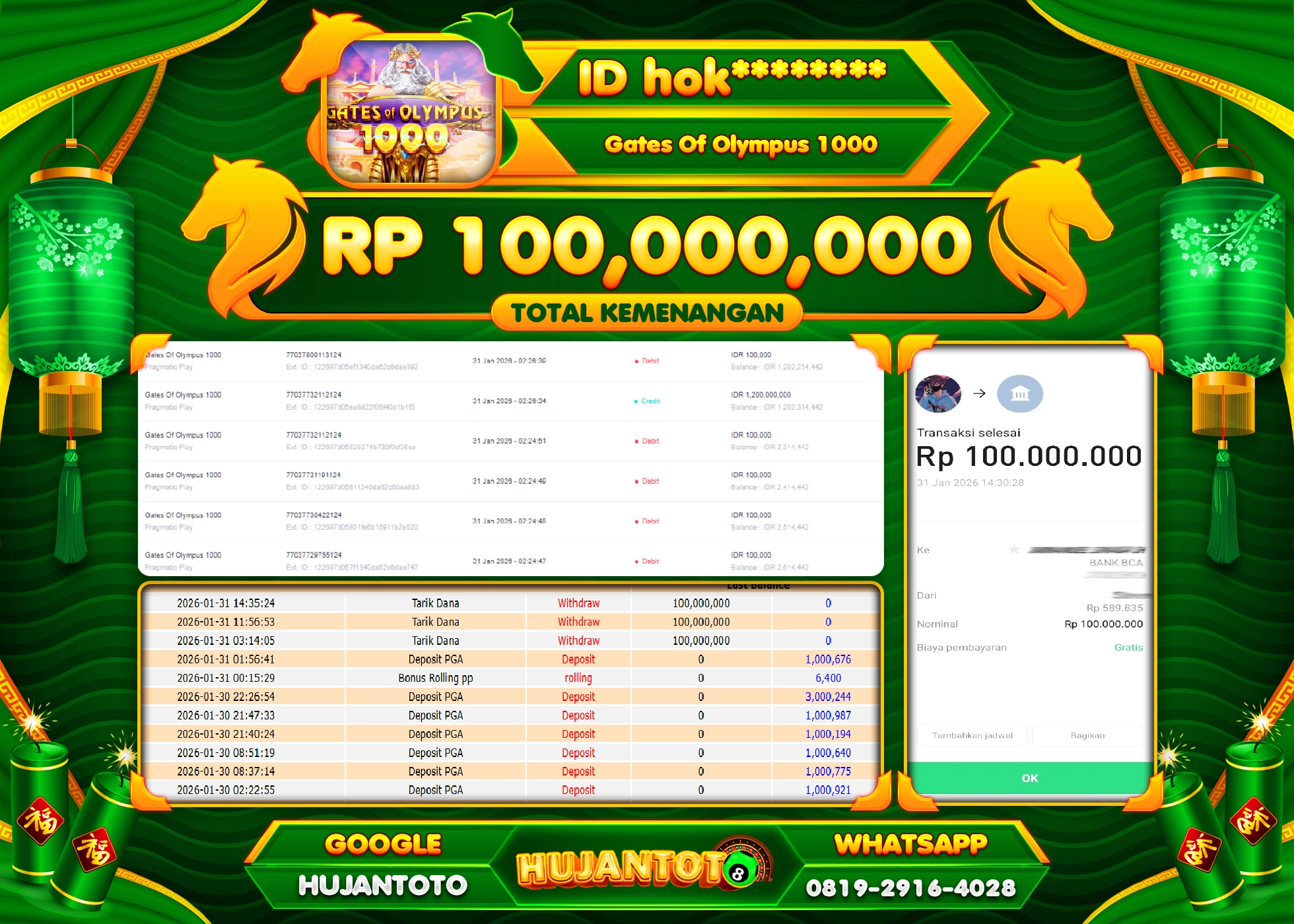 HUJANTOTO - BUKTI JACKPOT MENANG SLOT GATES OF OLYMPUS 1000 Rp.100,000,000 - TERBAYAR LUNAS