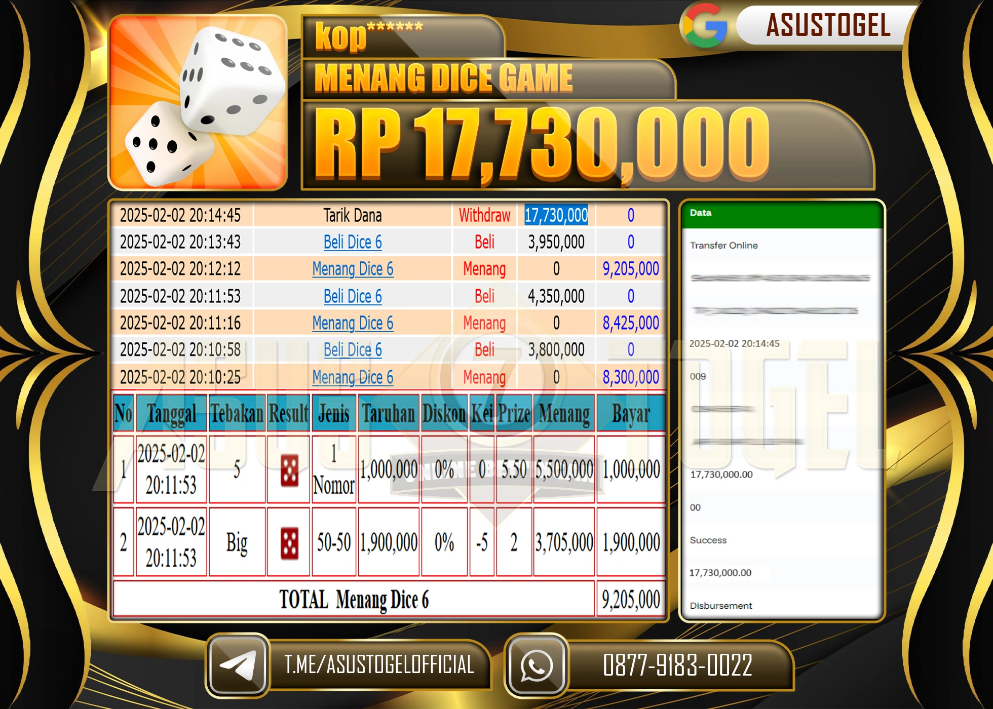 ASUSTOGEL KEMENANGAN DI DICE 6 LIVE GAMES  SEBESAR 17,730,000 - RUPIAH LUNAS