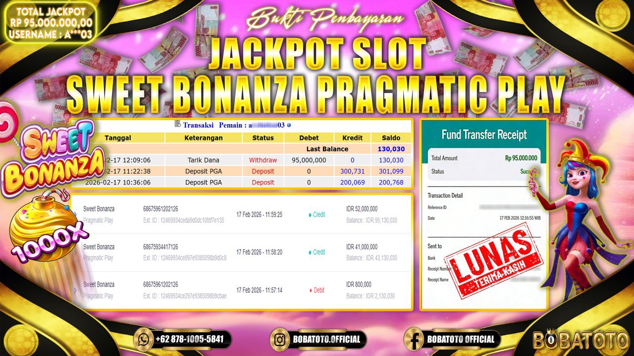 BOBATOTO JACKPOT SLOT PRAGMATIC SWEET BONANZA Rp.95,000,000,- LUNAS!!