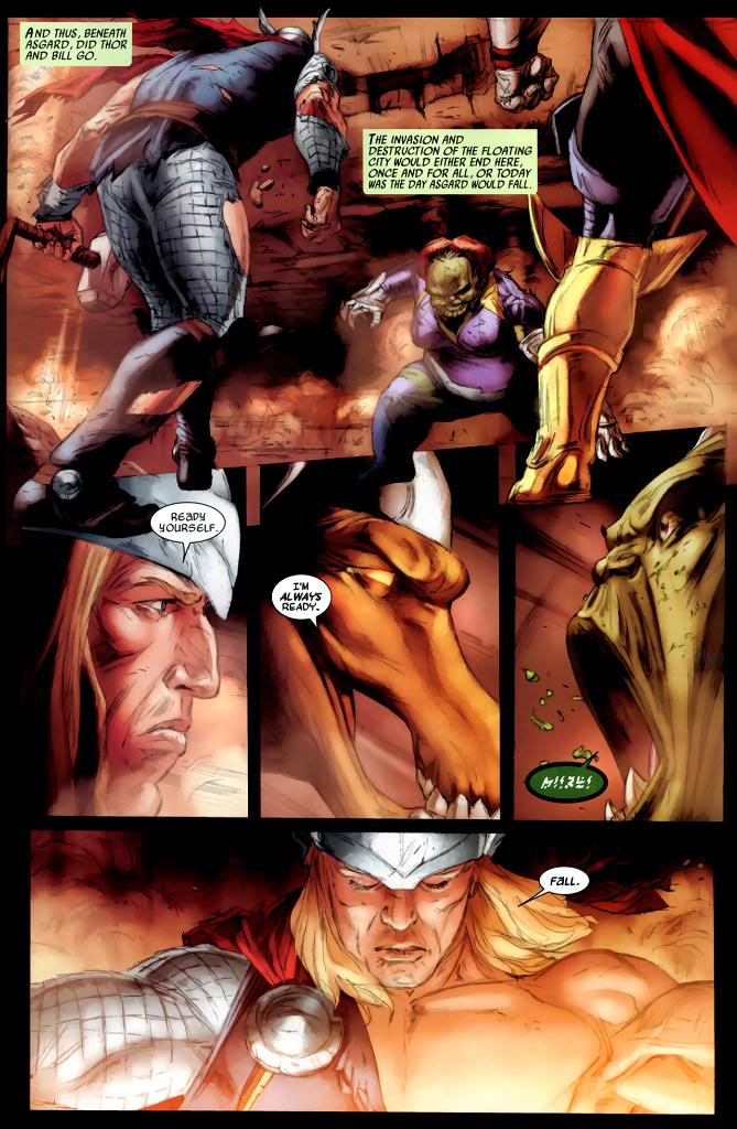 Thor and Beta Ray Bill dropping Asgard on a Super Skrull