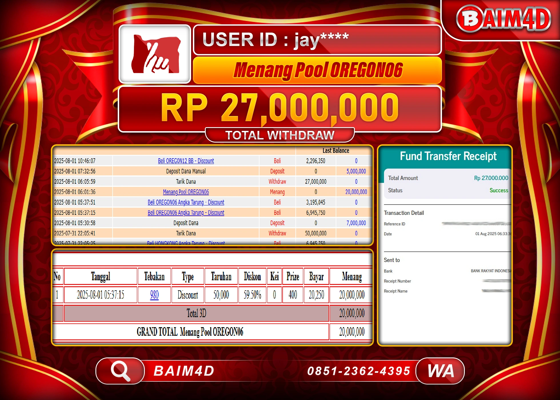 BAIM4D JACKPOT TOGEL OREGONG 06 Rp.27,000,000.- LUNAS